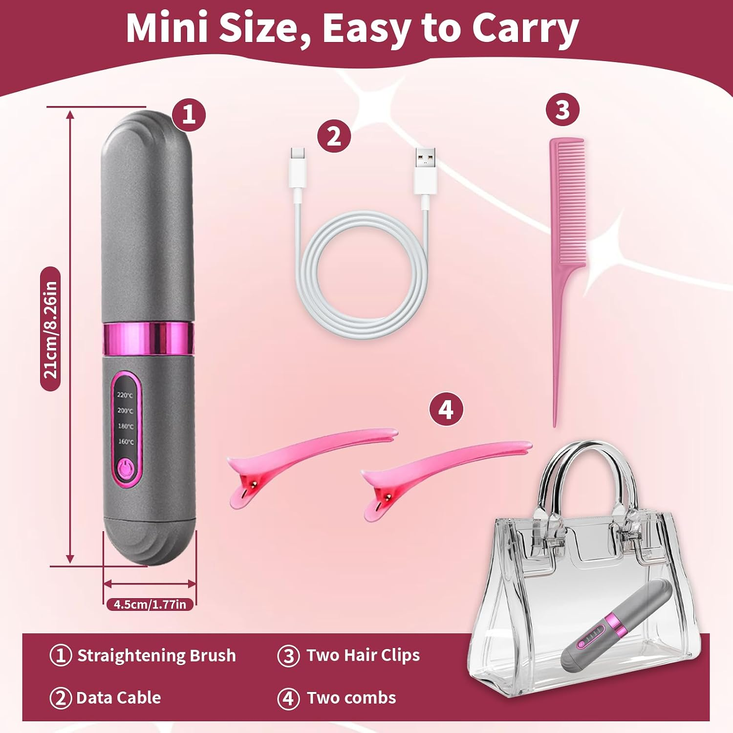 Mini-Haarglätter-Set mit Bürste, Ladekabel, rosa Kamm, Clips und einer durchsichtigen Tasche.