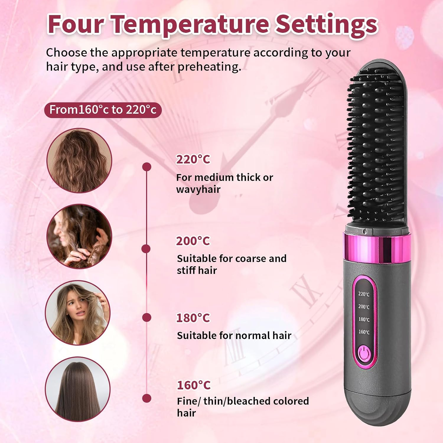 Eine Haarglättungsbürste mit vier Temperatureinstellungen für verschiedene Haartypen.