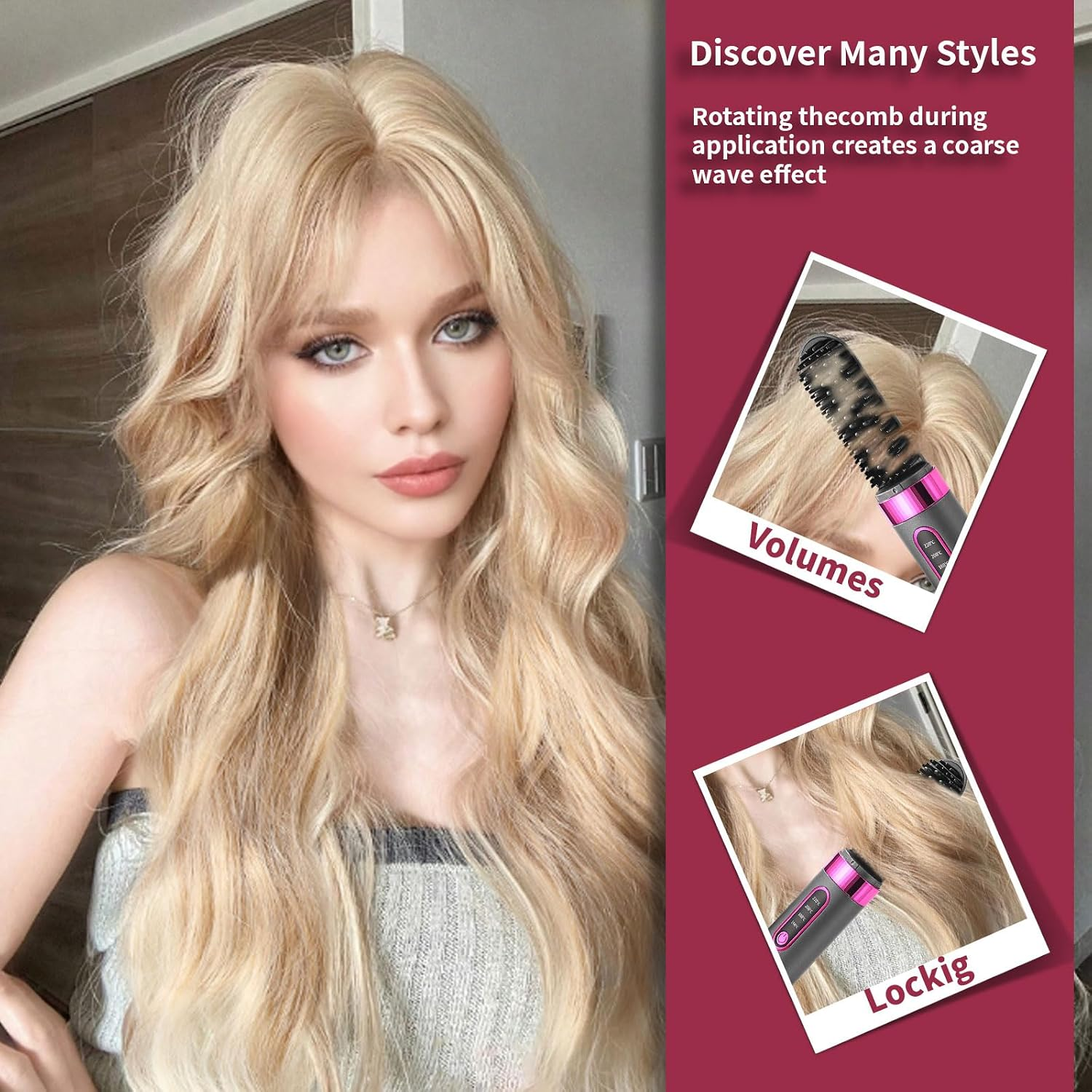 Eine blonde Frau zeigt ein Haarstyling-Gerät, das in zwei Fotos Wellen erzeugt.