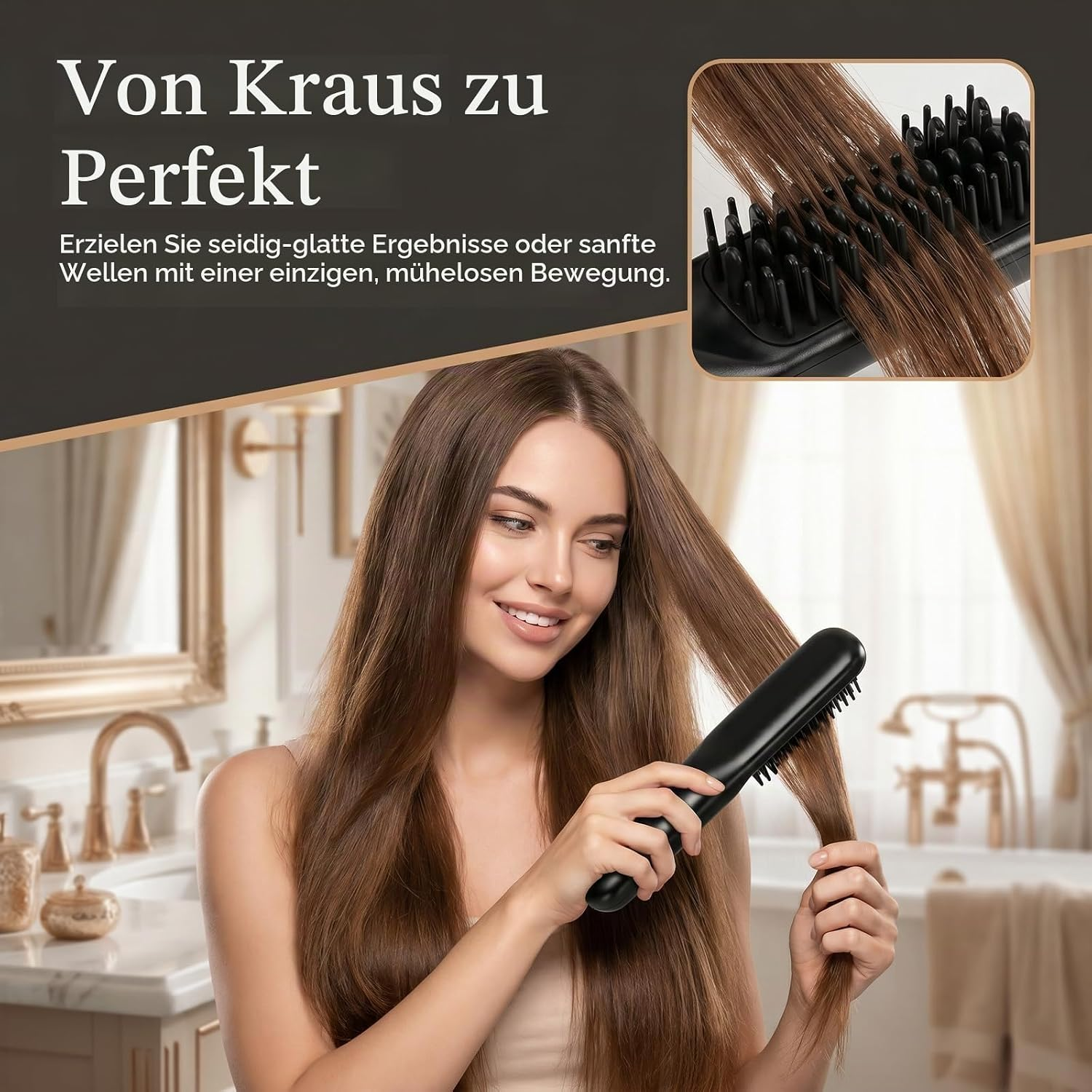 Eine Frau strahlt, während sie ihr braunes Haar mit einer schwarzen Glättungsbürste in einem hellen Badezimmer kämmt.