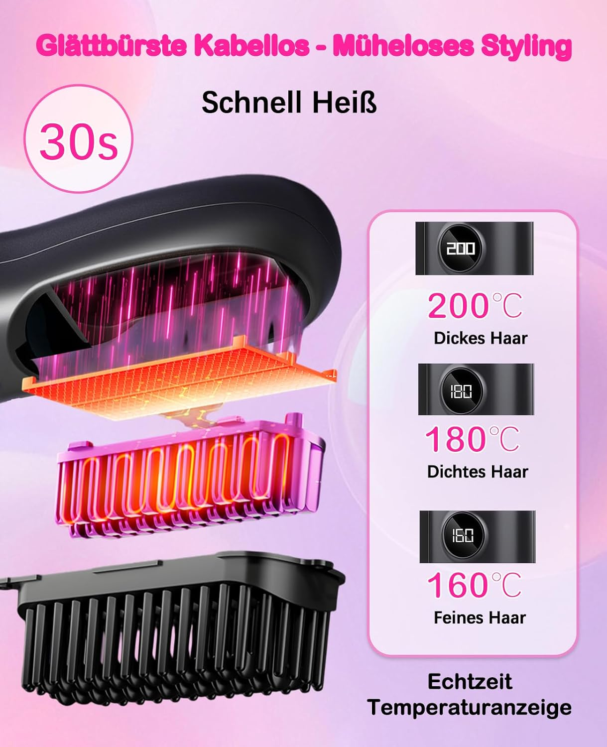 Kabellose Glättbürste mit 30s Aufheizzeit und drei Temperaturstufen für verschiedene Haartypen.