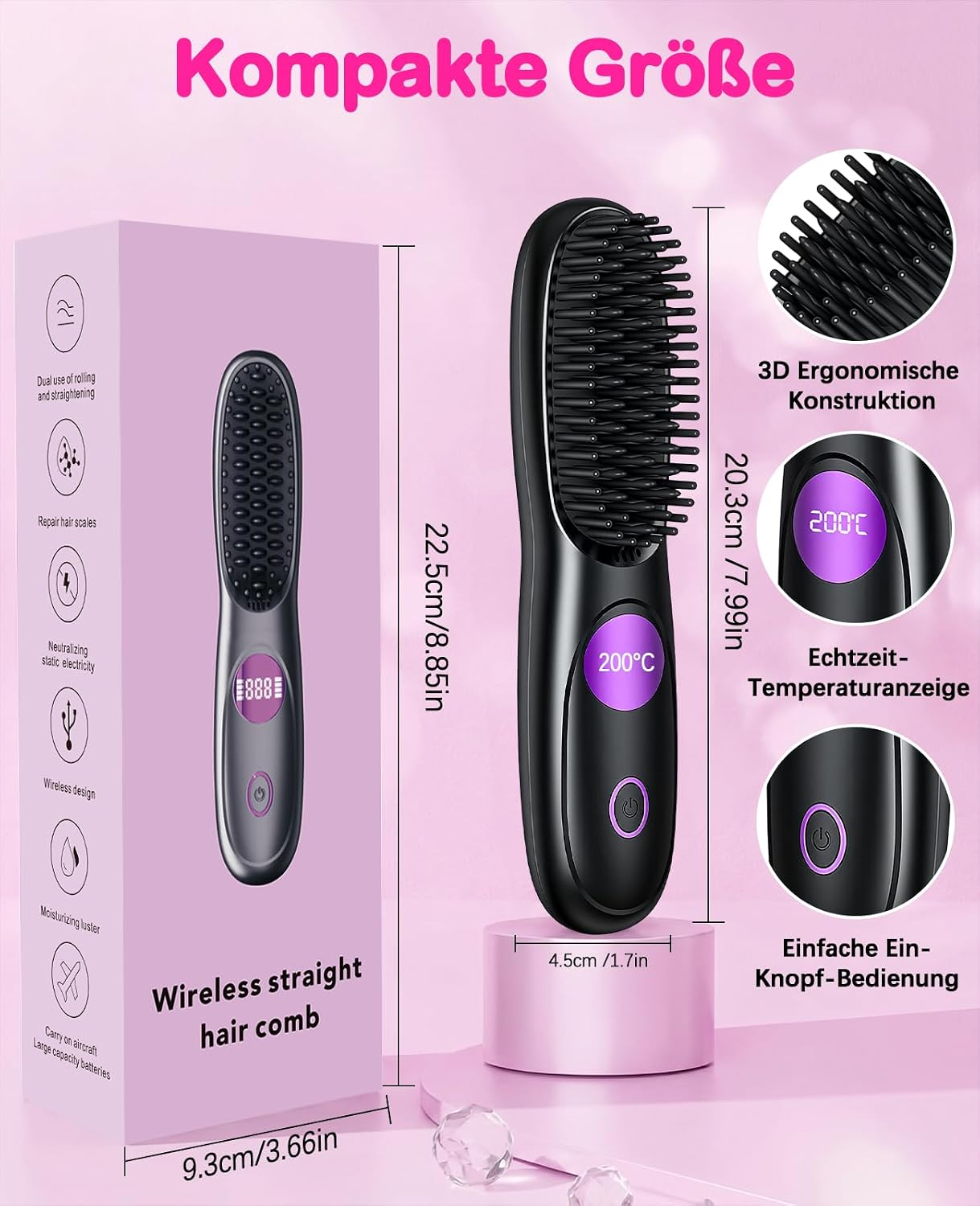 Produktwerbung für eine kabellose Haarglättungsbürste mit Abmessungen und Funktionsdetails.