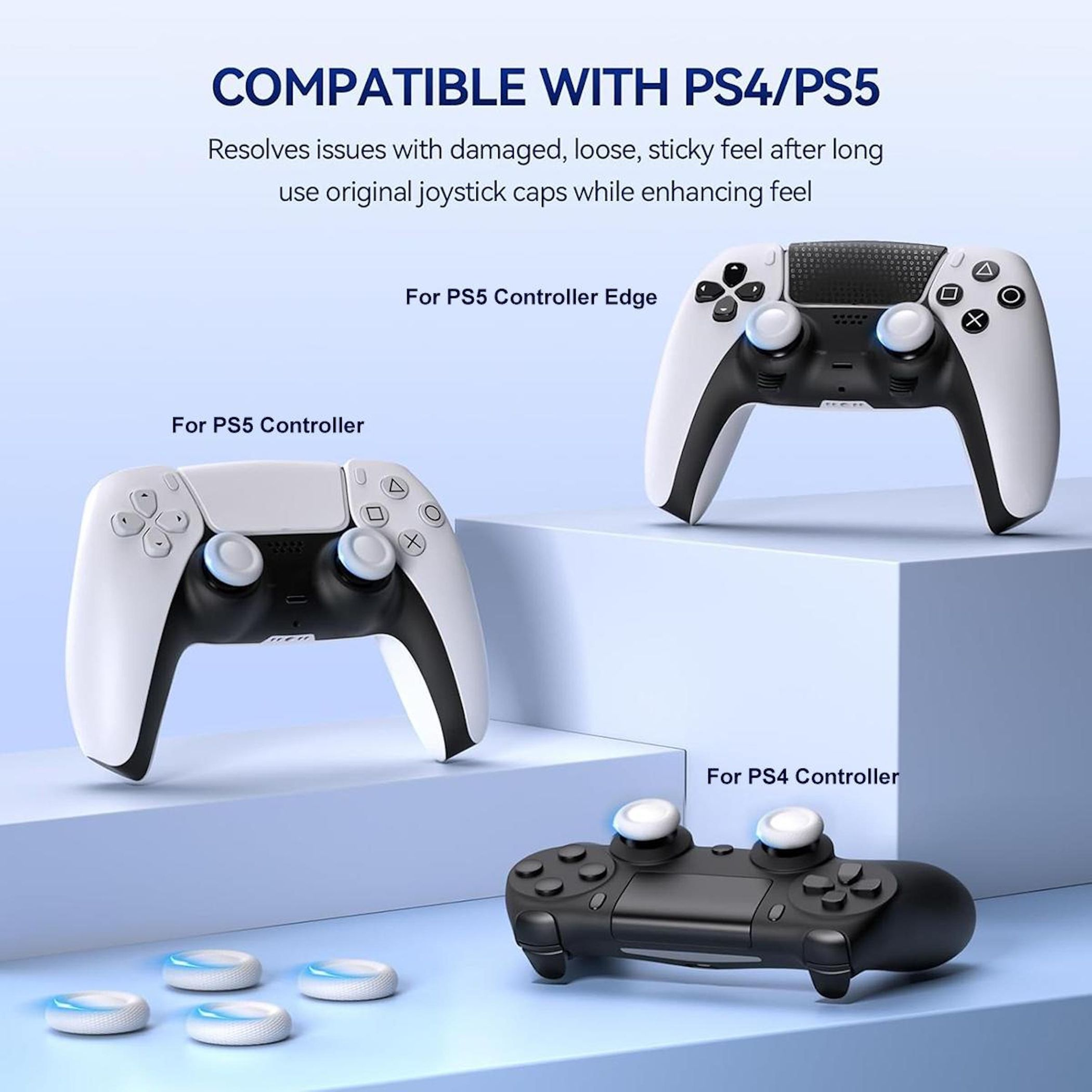 PlayStation-Controller mit weißen Joystick-Kappen auf blauem Hintergrund.