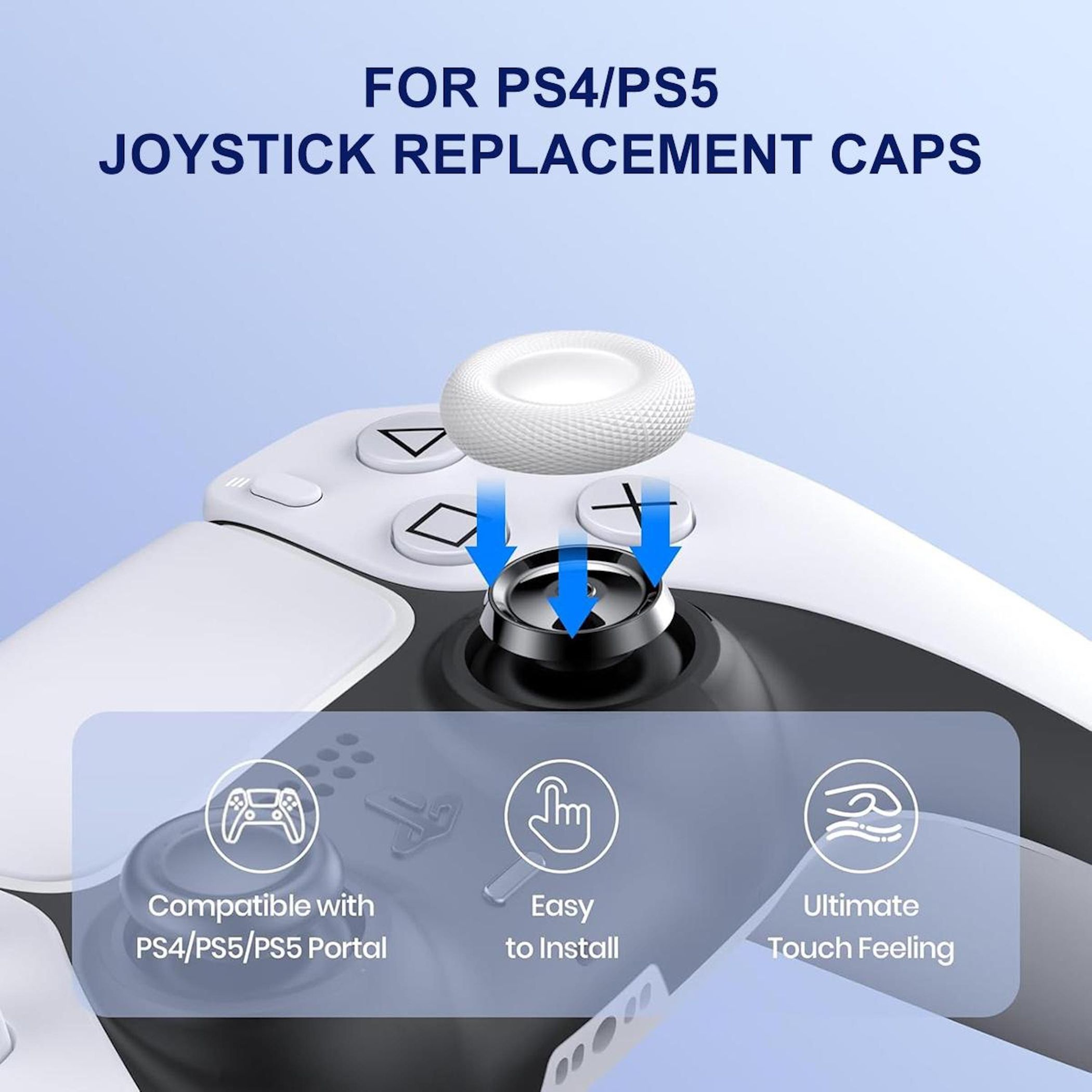 Austauschbare Joysticks-Kappen für PS4 und PS5 Controller, einfach zu installieren.