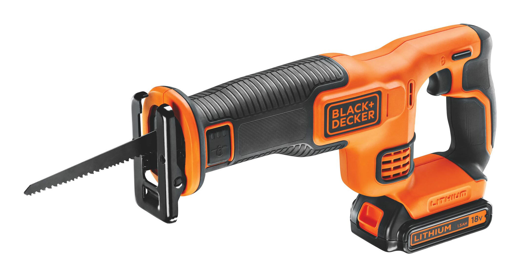 Eine orange-schwarze Black+Decker Akku-Reciprosäge mit eingesetztem Sägeblatt auf weißem Hintergrund.