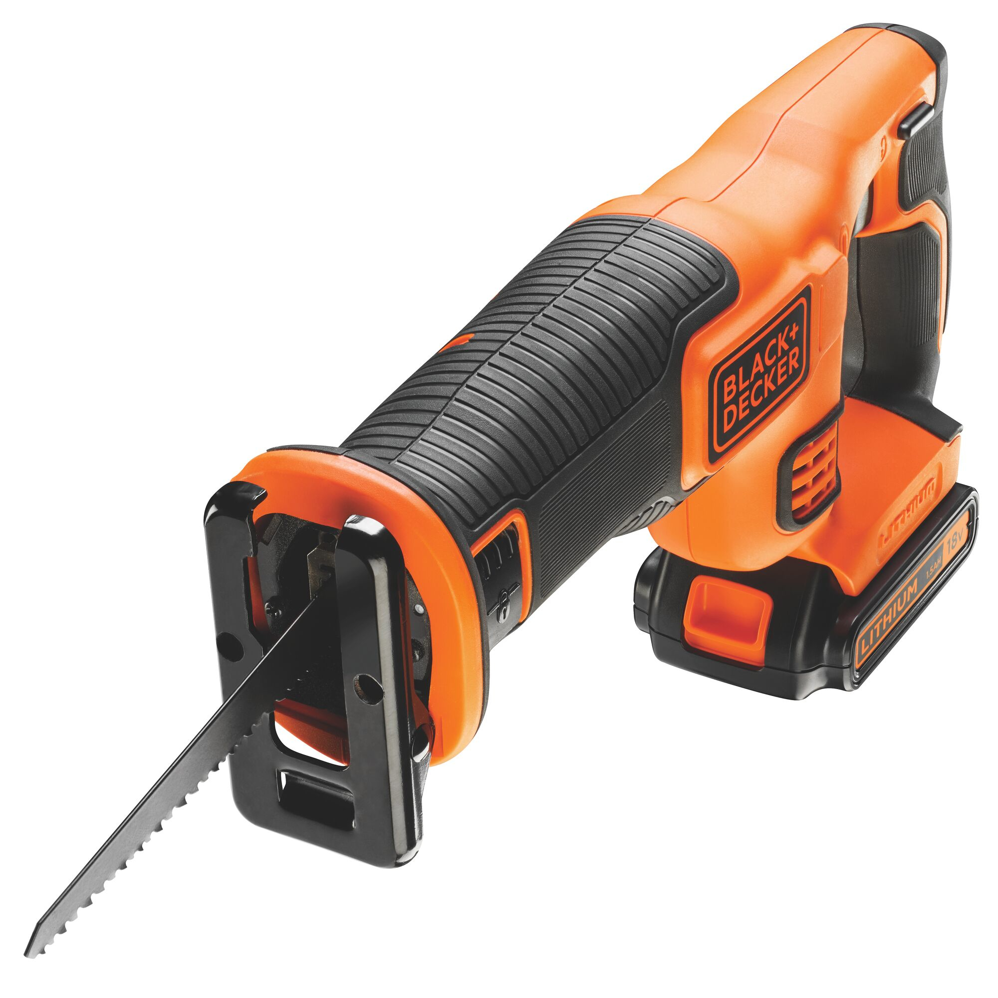 Eine orange-schwarze Black+Decker Akku-Säbelsäge mit eingesetztem Sägeblatt auf weißem Hintergrund.