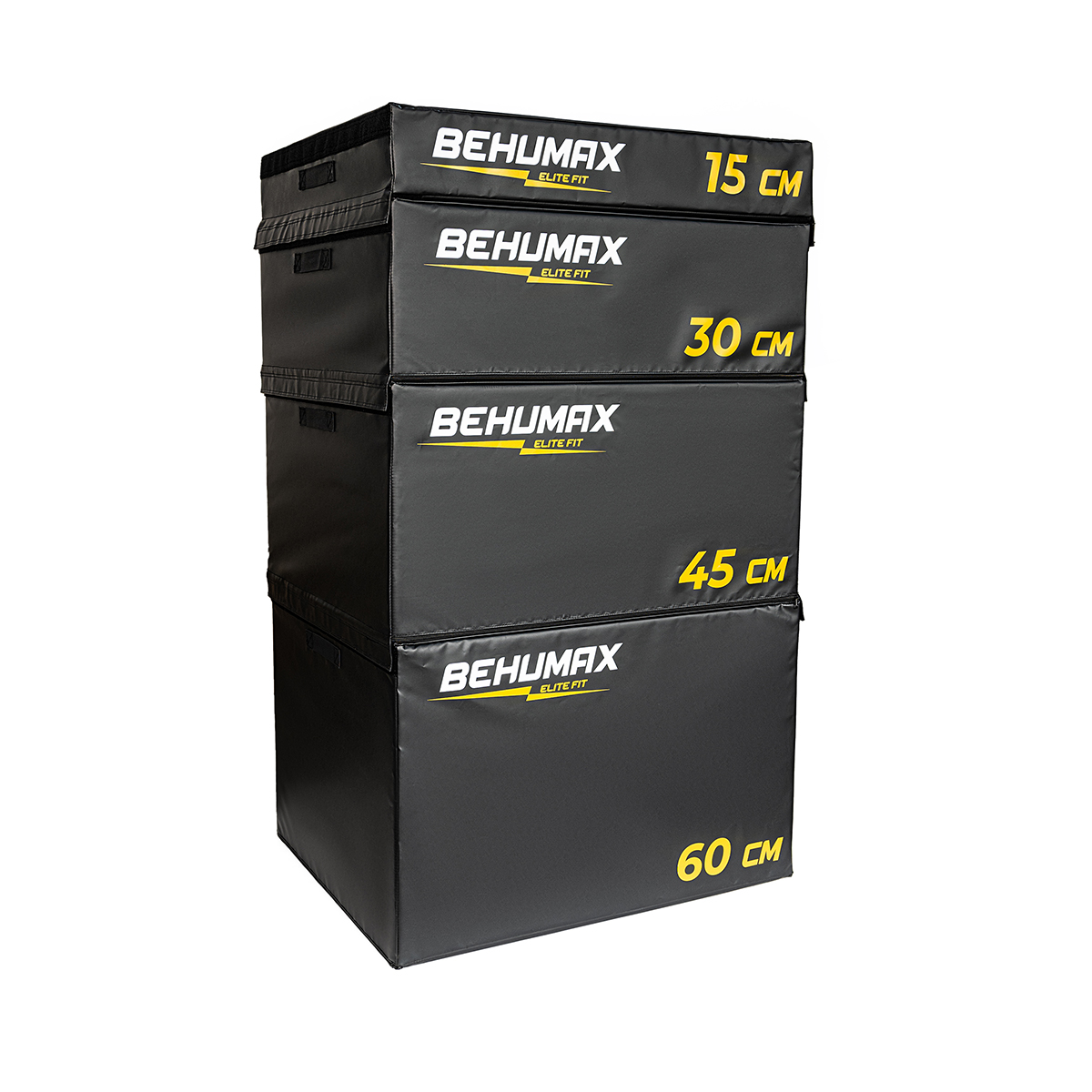 Cuatro cajones pliométricos negros Behumax apilados, etiquetados en amarillo como 15 cm, 30 cm, 45 cm y 60 cm.