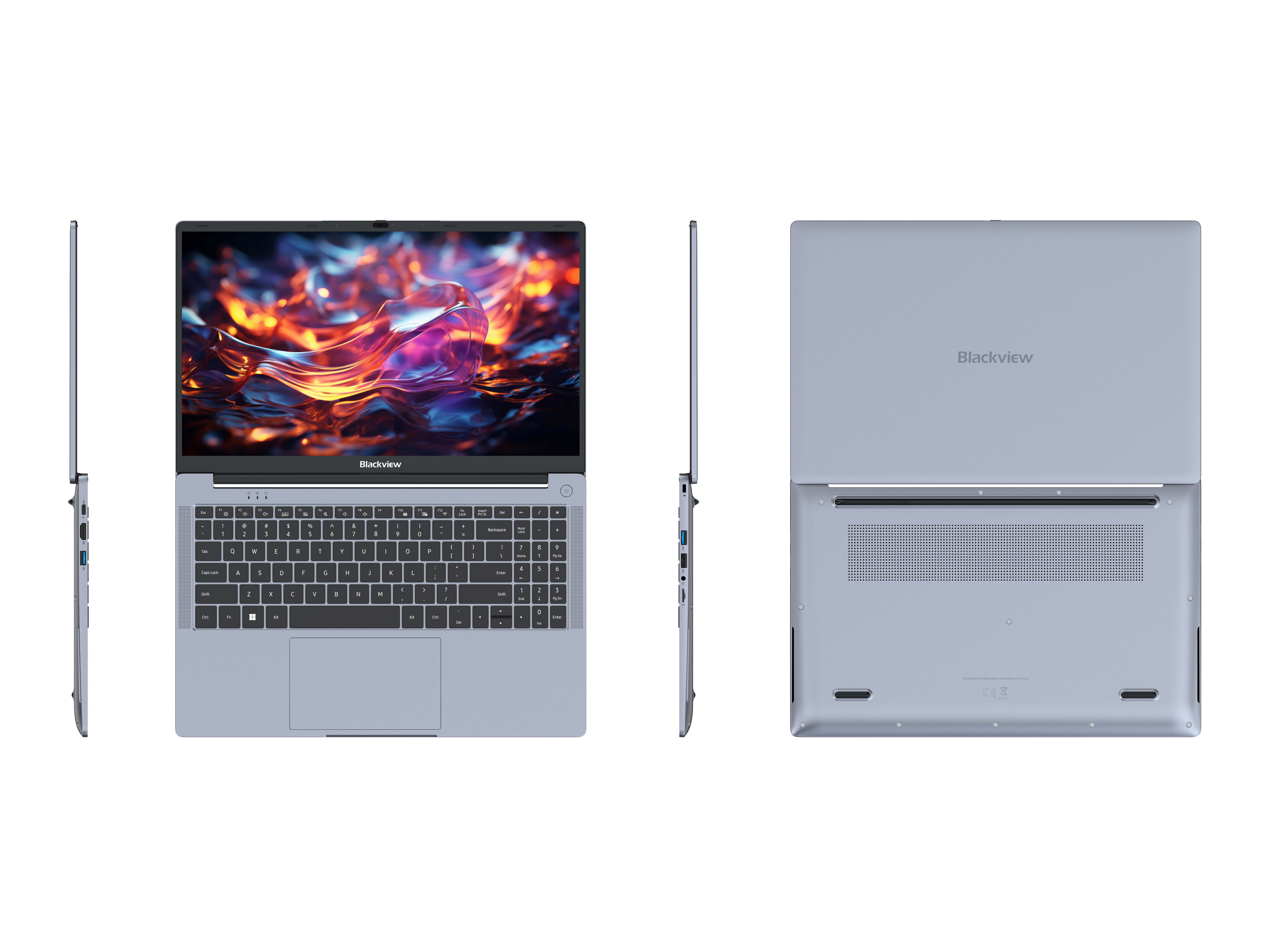 Quattro viste di un computer portatile grigio Blackview con schermo, lati e parte inferiore.