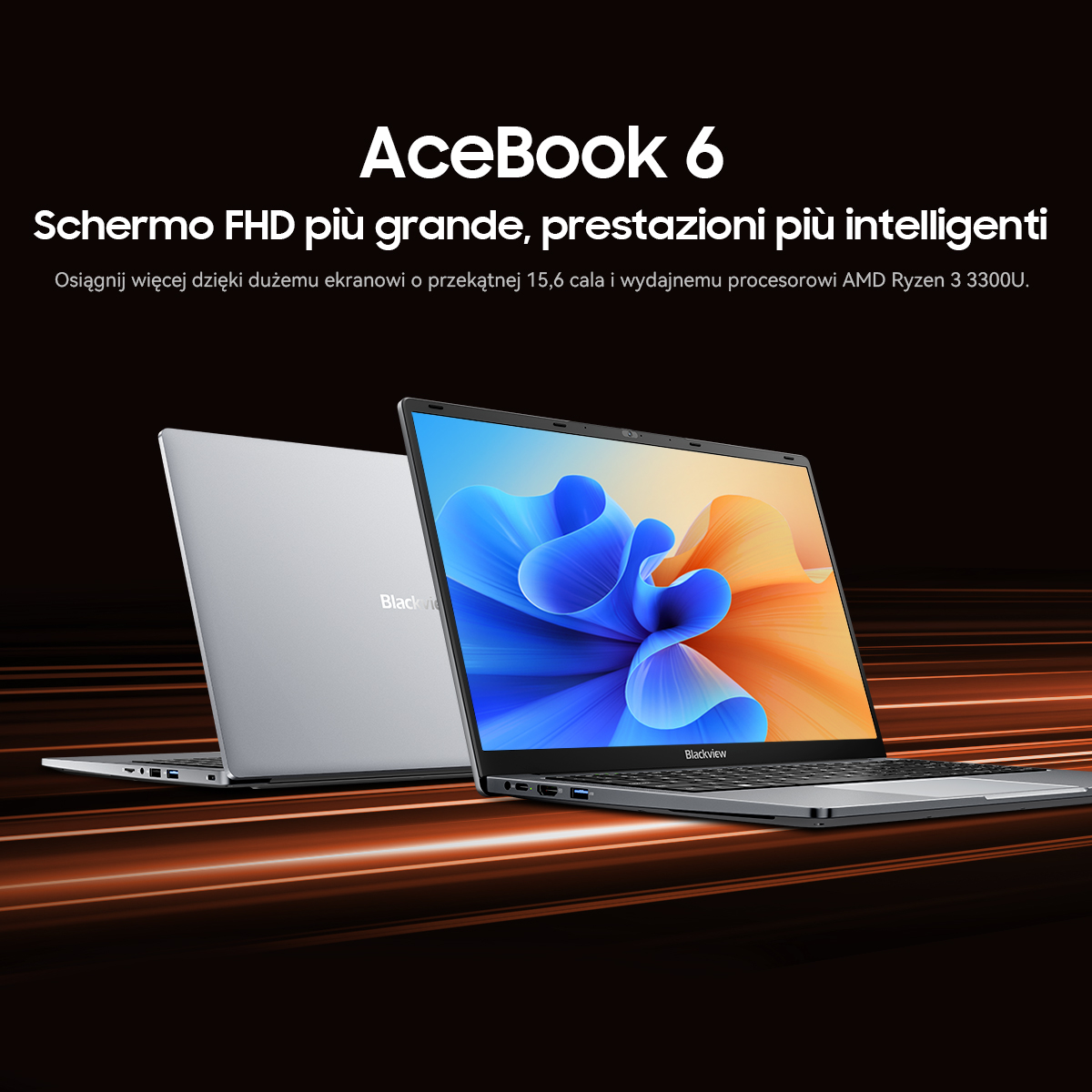 Due laptop AceBook 6 argentati con schermo colorato su sfondo scuro.