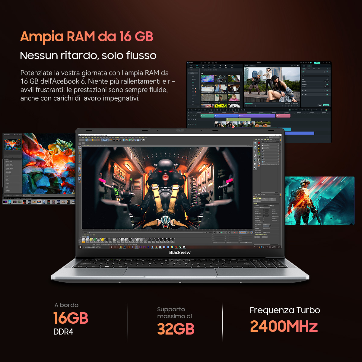 Un computer portatile Blackview mostra software di editing video, circondato da testo promozionale.
