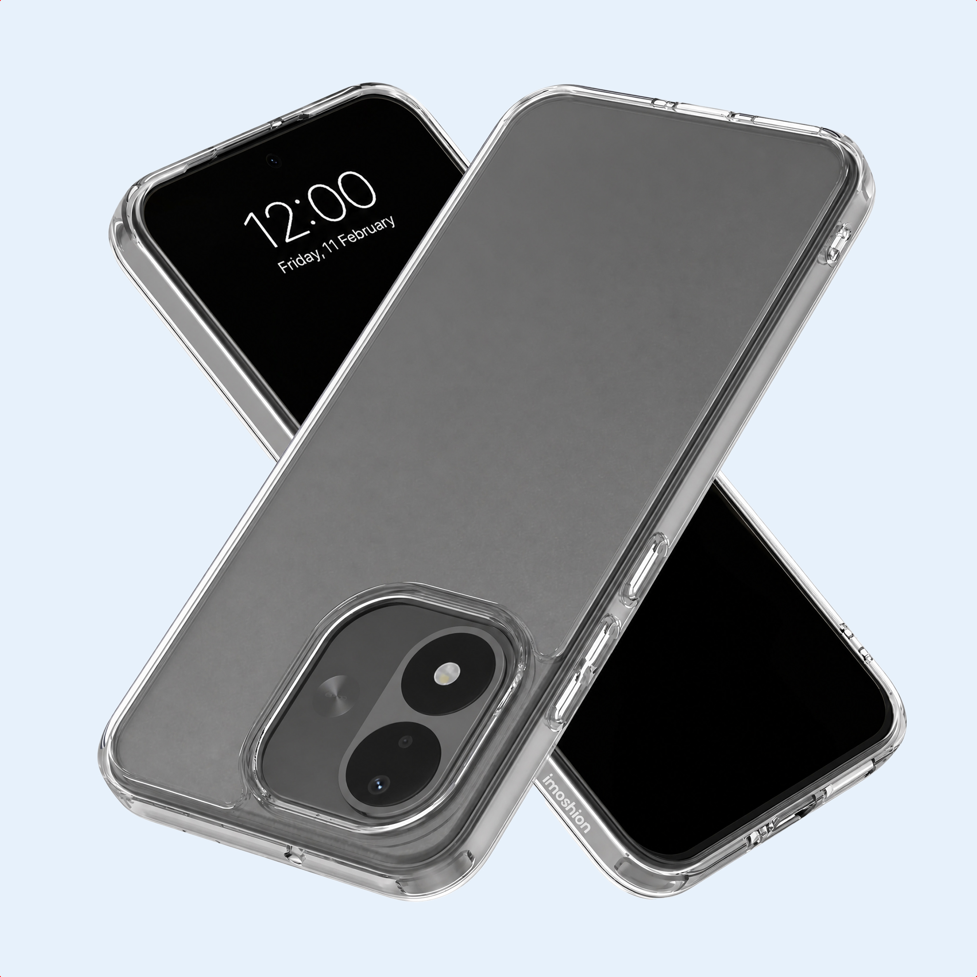 Dos teléfonos inteligentes en fundas protectoras transparentes sobre fondo claro.