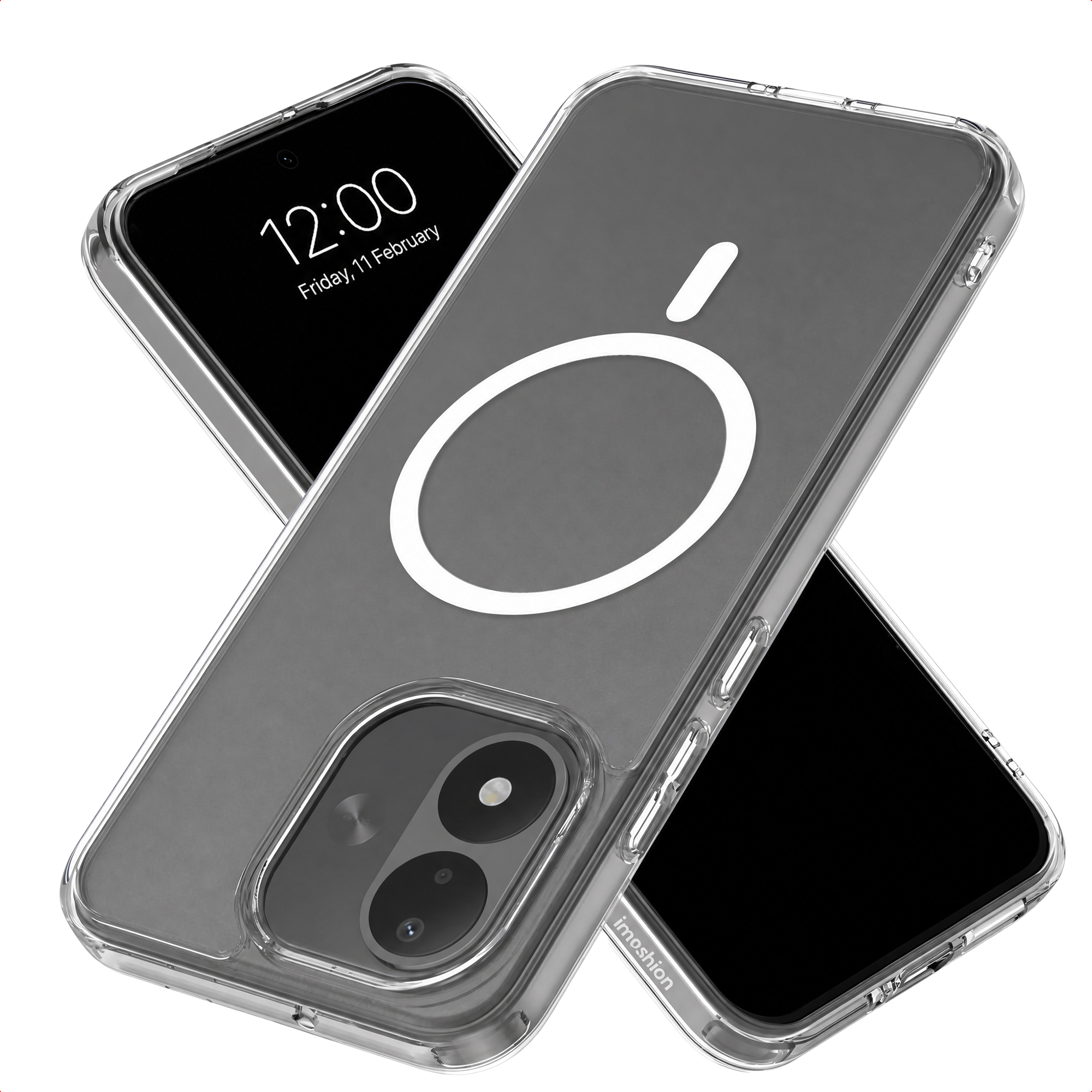Dos teléfonos inteligentes con funda transparente, el delantero con anillo MagSafe y doble cámara.