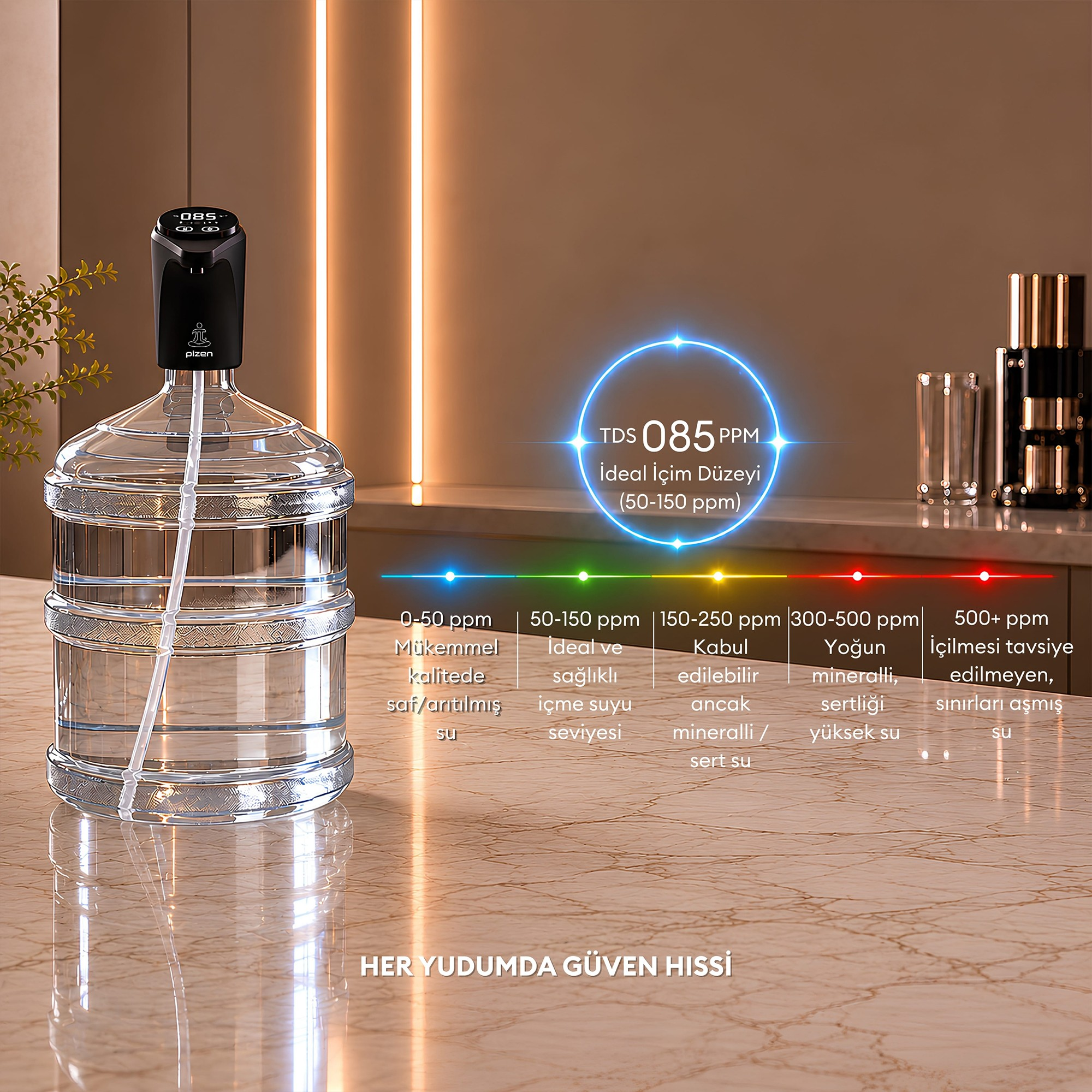 Modern mutfak tezgahında 085 ppm TDS göstergeli damacana su pompası.