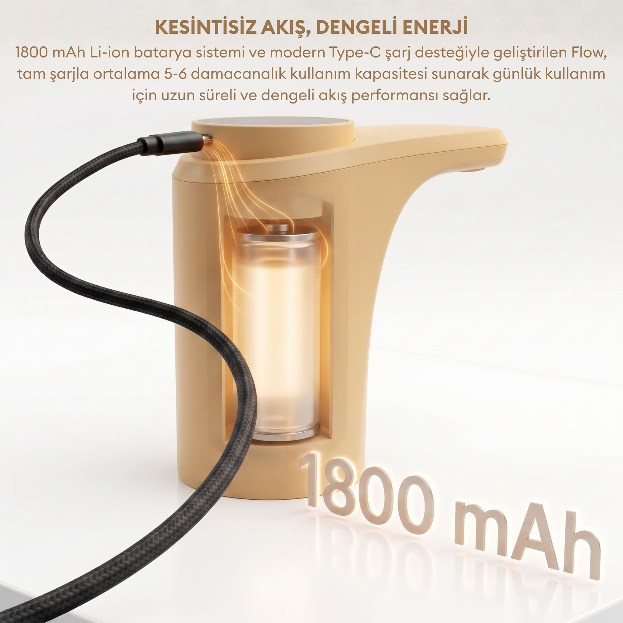 Şarj kablolu ve 1800 mAh yazılı bej renkli su pompası bataryası.