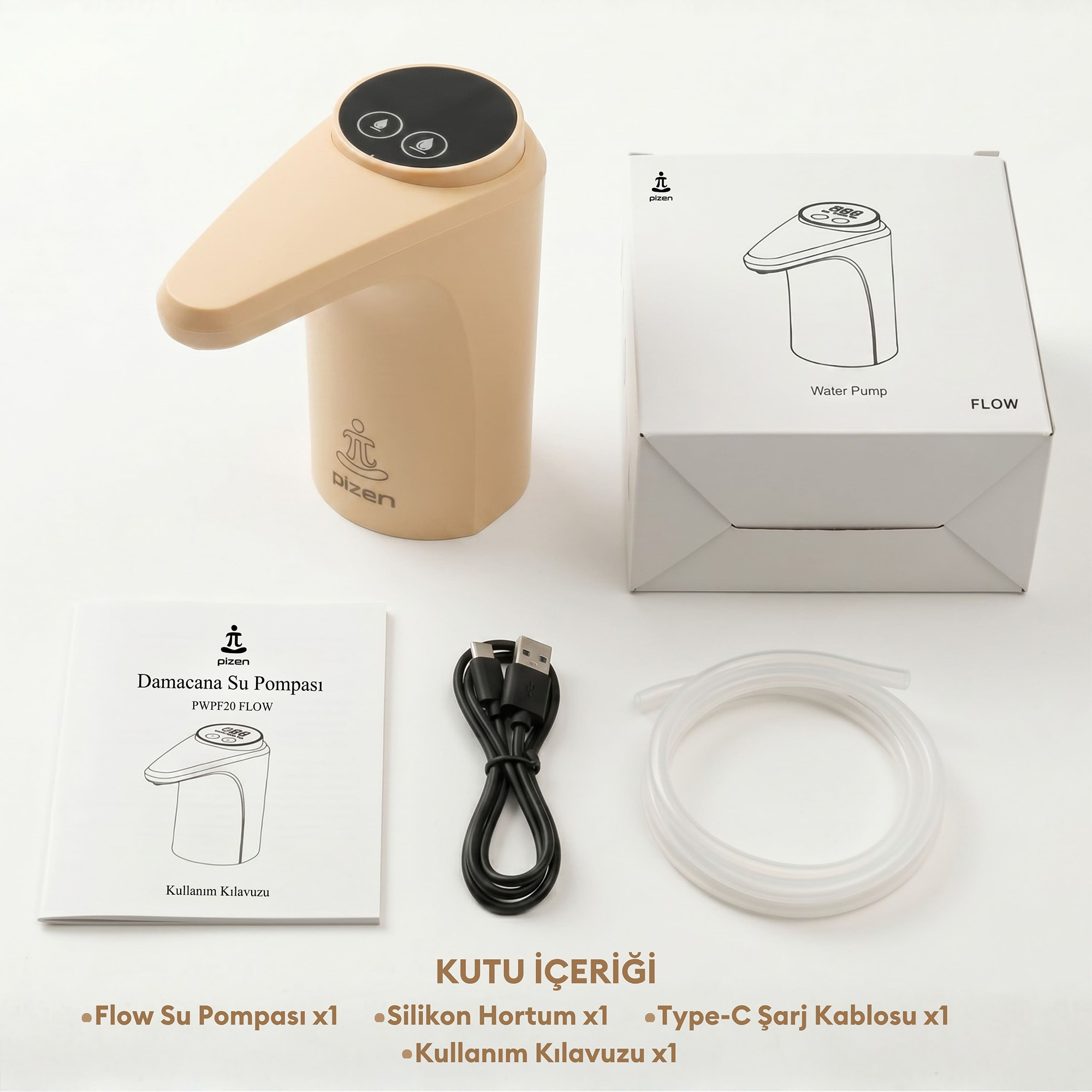 Bej su pompasi, beyaz kutu, kilavuz, Type-C kablo ve silikon hortum.
