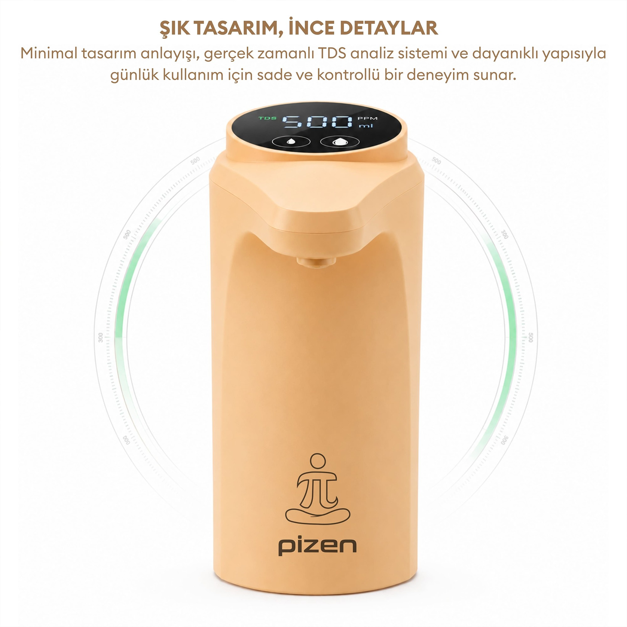 Dijital ekranlı ve Pizen logolu bej renkli elektronik su sebili.