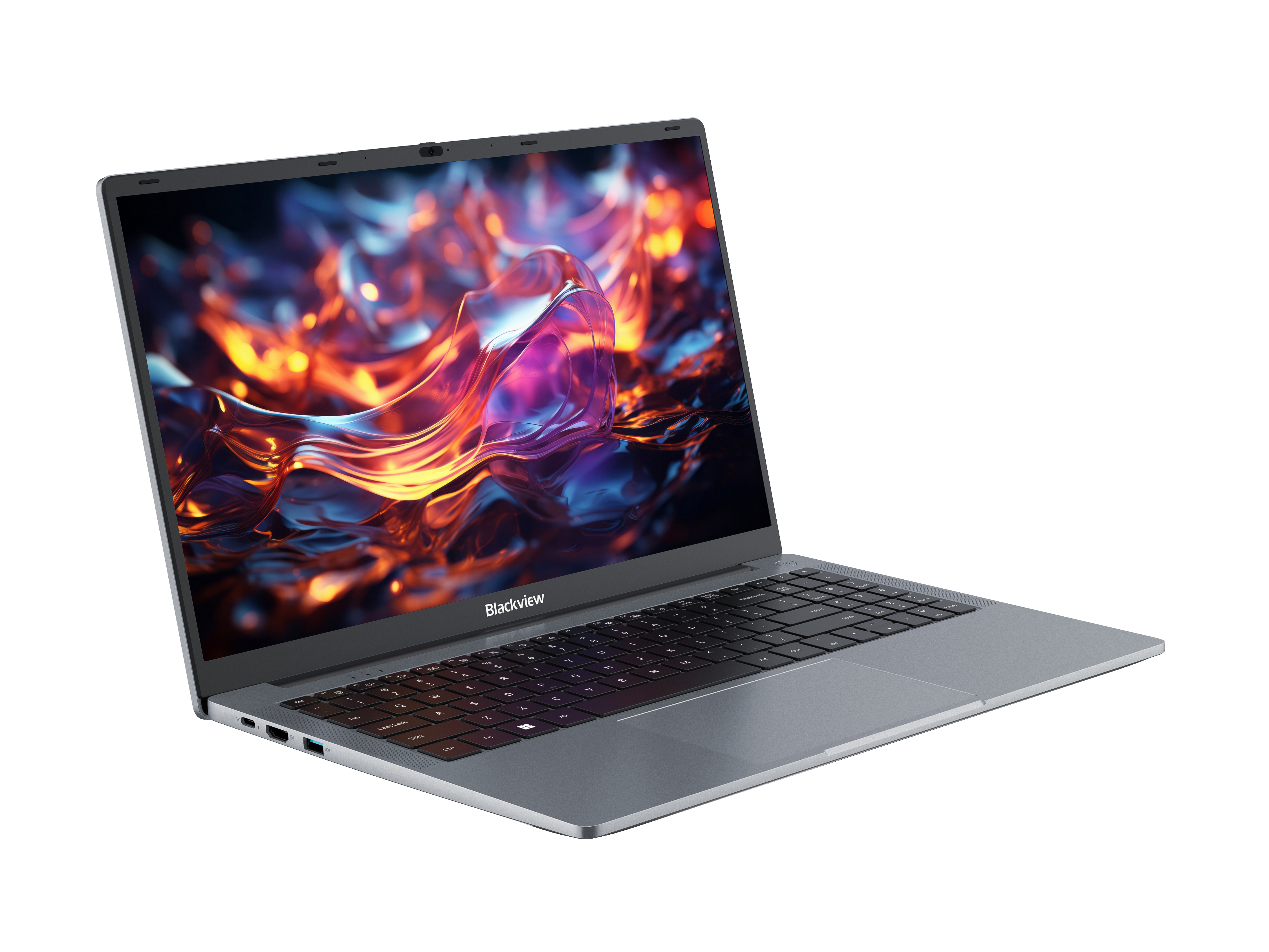 Un laptop grigio Blackview con schermo luminoso colorato e tastiera nera su sfondo bianco.