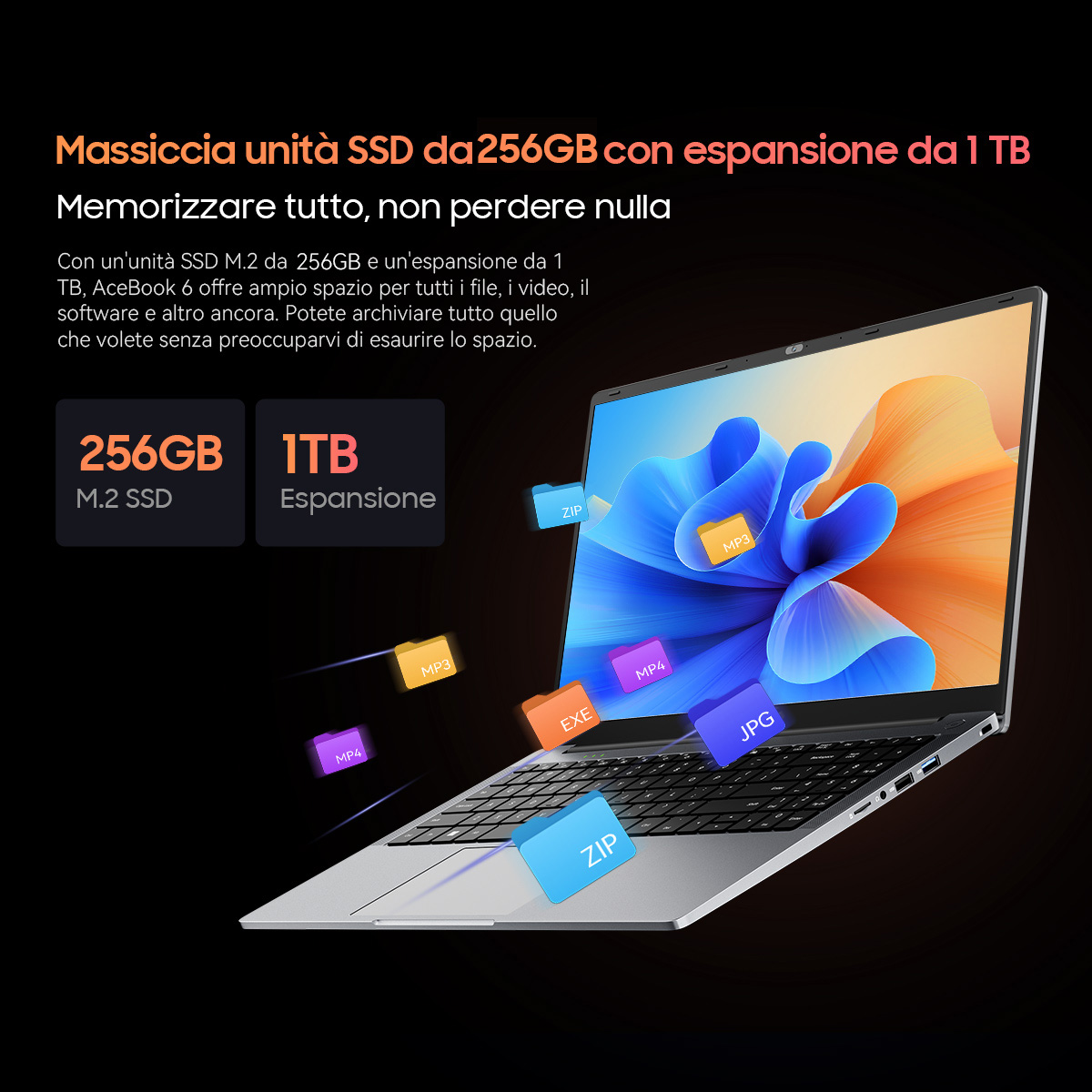 Laptop argentato su sfondo scuro con testo e cartelle colorate che escono dallo schermo.