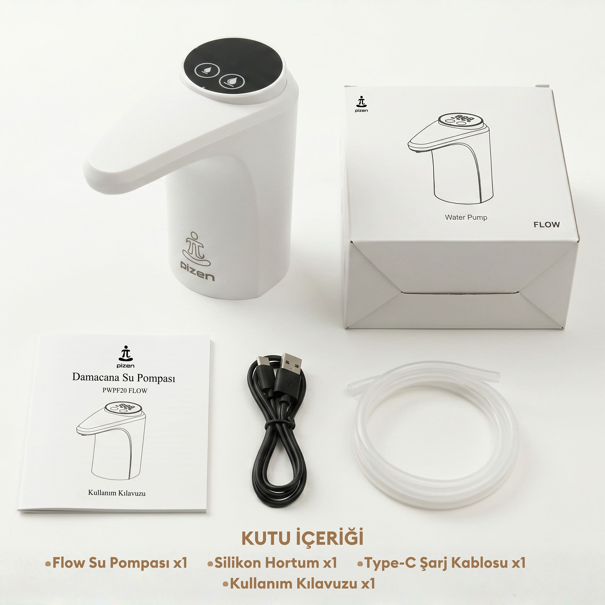 Beyaz zemin üzerinde beyaz elektrikli su pompası, kutu, kılavuz, USB kablosu ve silikon hortum.