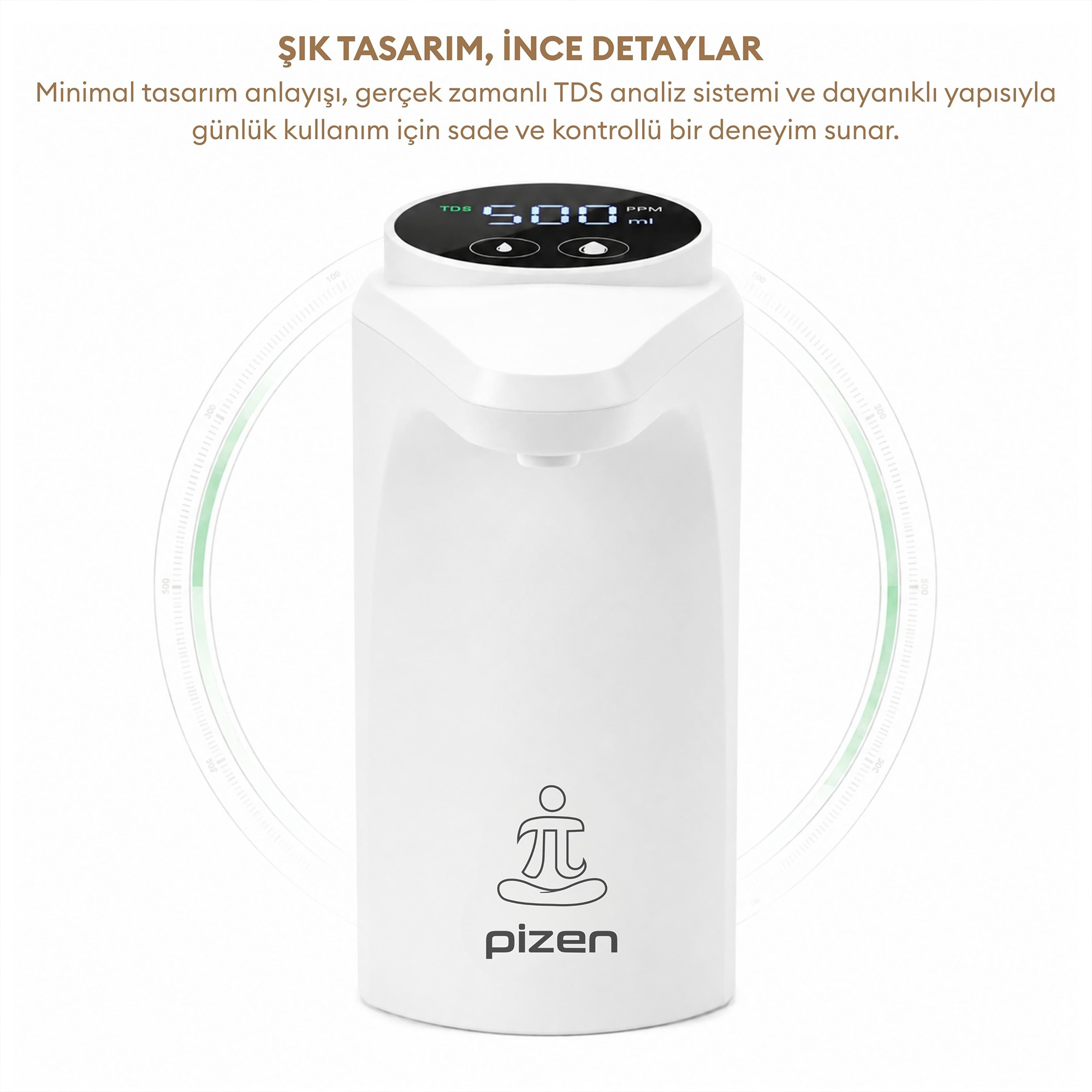 500 PPM gösteren dijital TDS ekranlı beyaz Pizen su sebili.