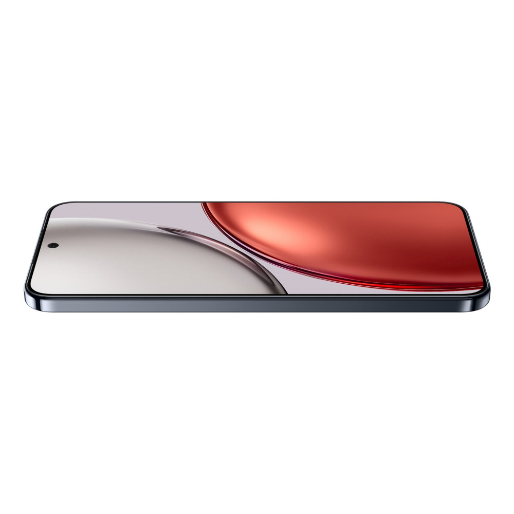Uno smartphone sdraiato su sfondo bianco, che mostra uno sfondo astratto rosso e bianco.