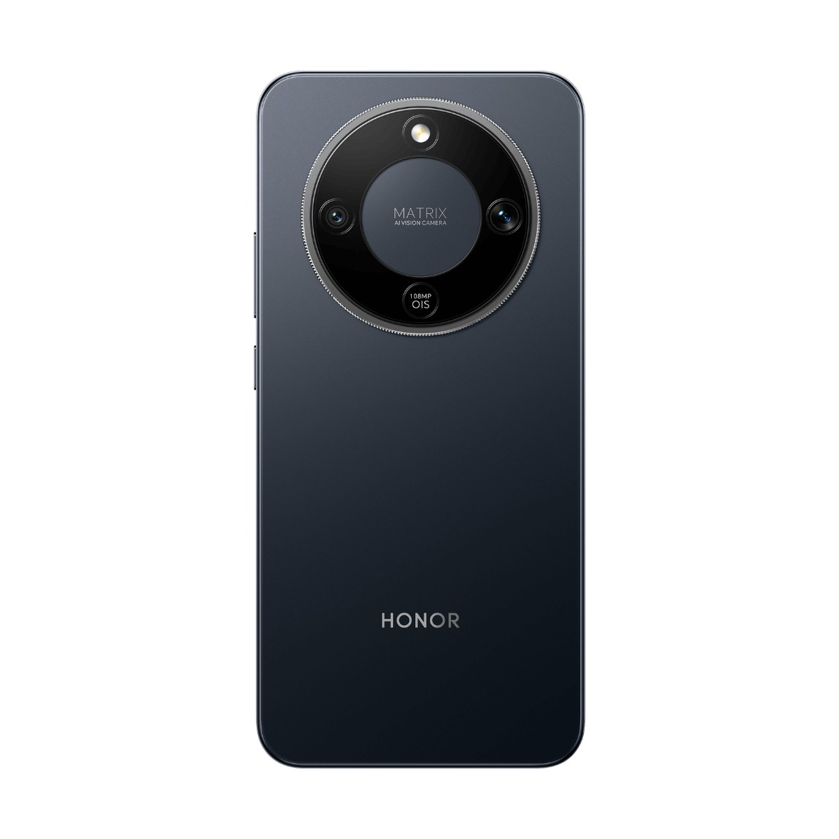 Retro di uno smartphone Honor grigio scuro con un grande modulo fotocamera circolare, tre lenti e il logo Honor.