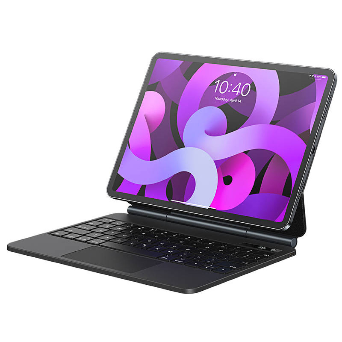 Una tableta gris con un fondo colorido conectada a una funda con teclado negro.