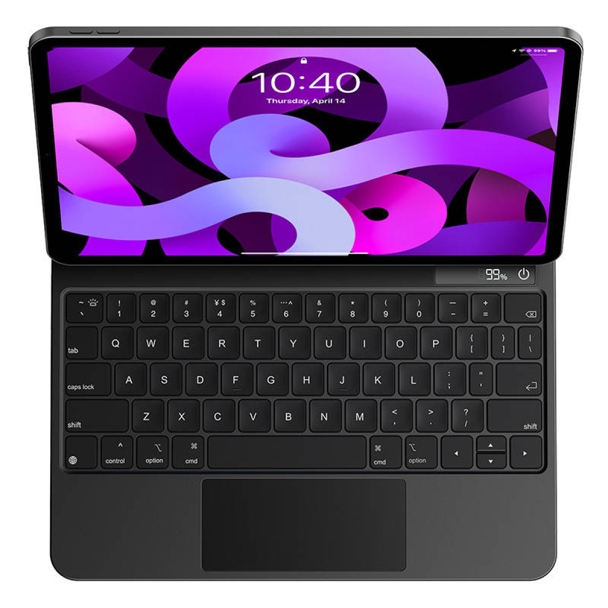 Una tableta gris con fondo morado y teclado negro con trackpad integrado.