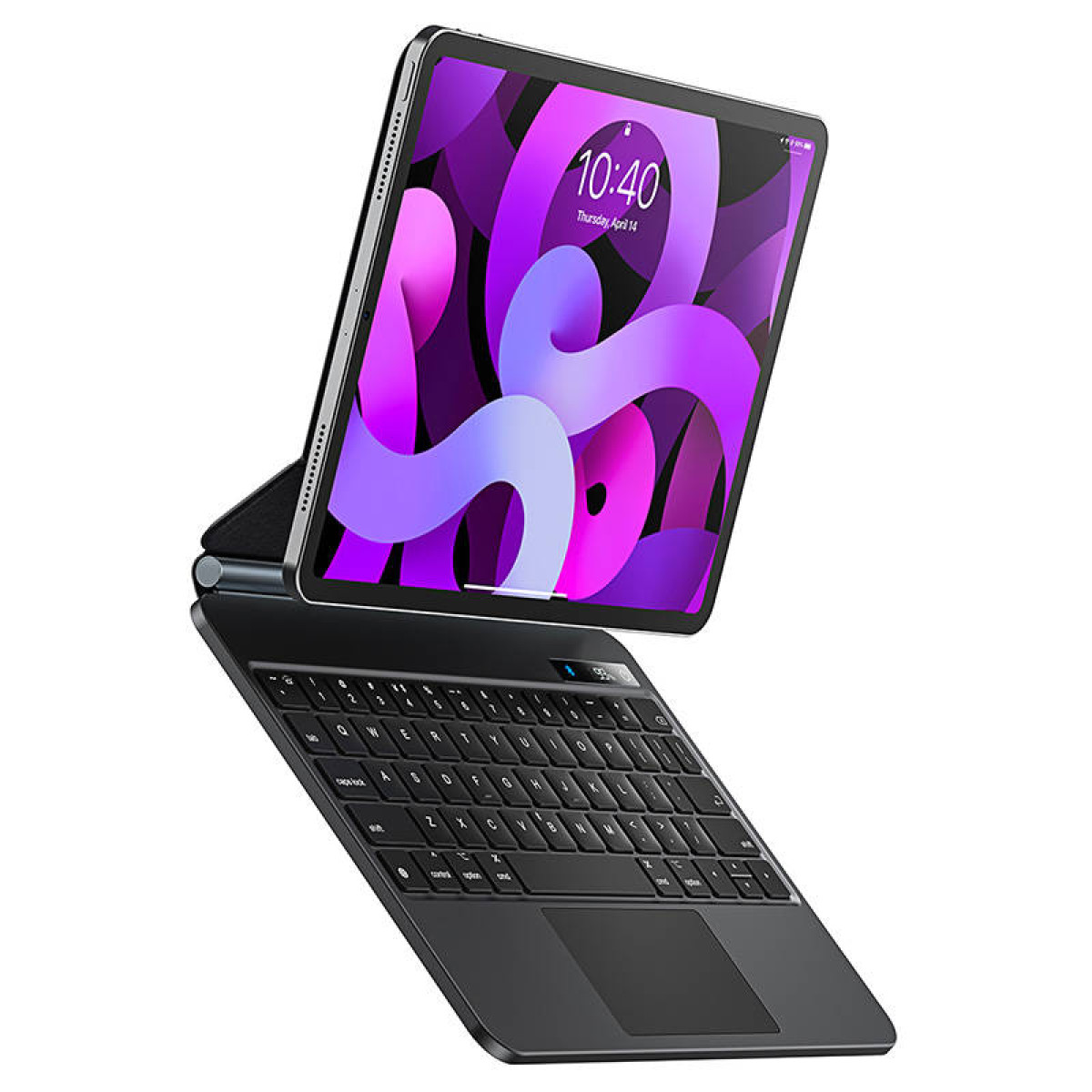Una tableta en una funda con teclado magnético flotante, que muestra un fondo abstracto colorido.