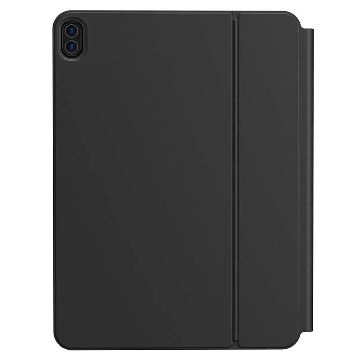 Una tableta negra en una funda protectora con cámara dual en la parte trasera sobre fondo blanco.