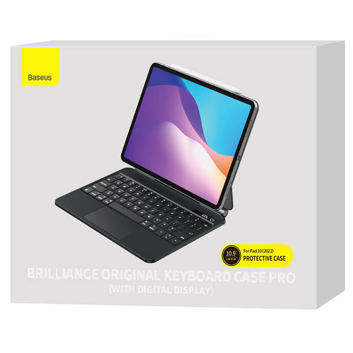 Funda con teclado Baseus Brilliance Original para iPad 10 mostrada en un embalaje blanco.