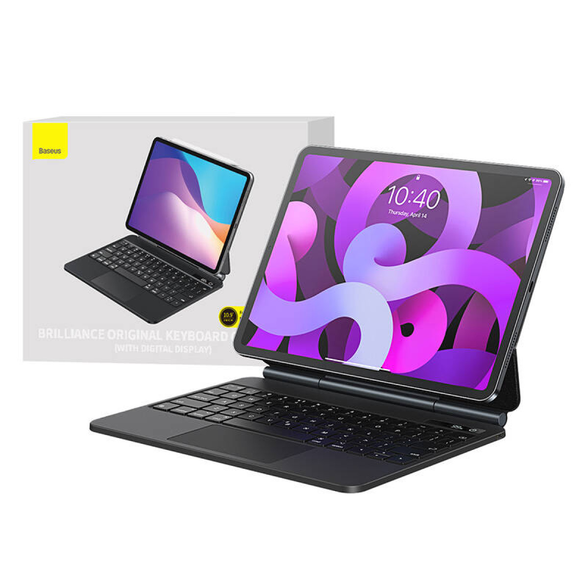 Una tableta con funda de teclado negra se encuentra frente a su caja con pantalla colorida.