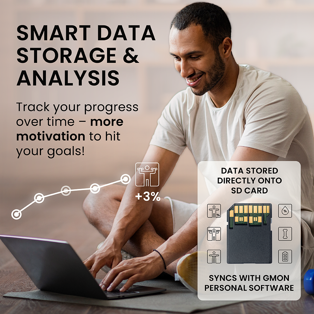 Mann sitzt mit Laptop am Boden; Text wirbt für Smart Data Storage & Analysis.