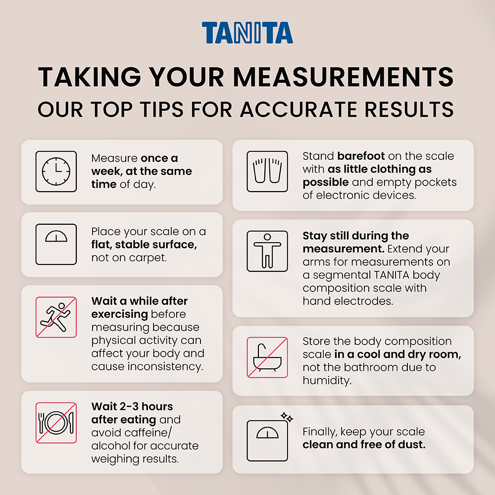 Tanita guide with top tips for accurate measurements, including advice on timing, posture, and scale maintenance.
