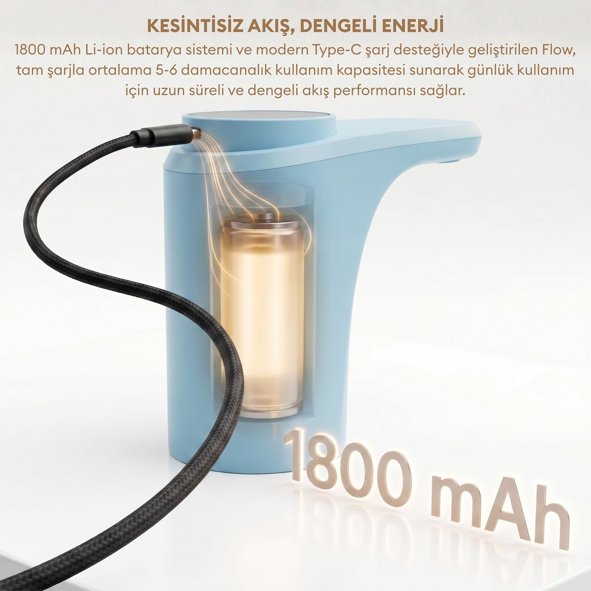 Mavi elektrikli su sebili USB kabloyla şarj ediliyor, içindeki 1800 mAh pili gösteriyor.