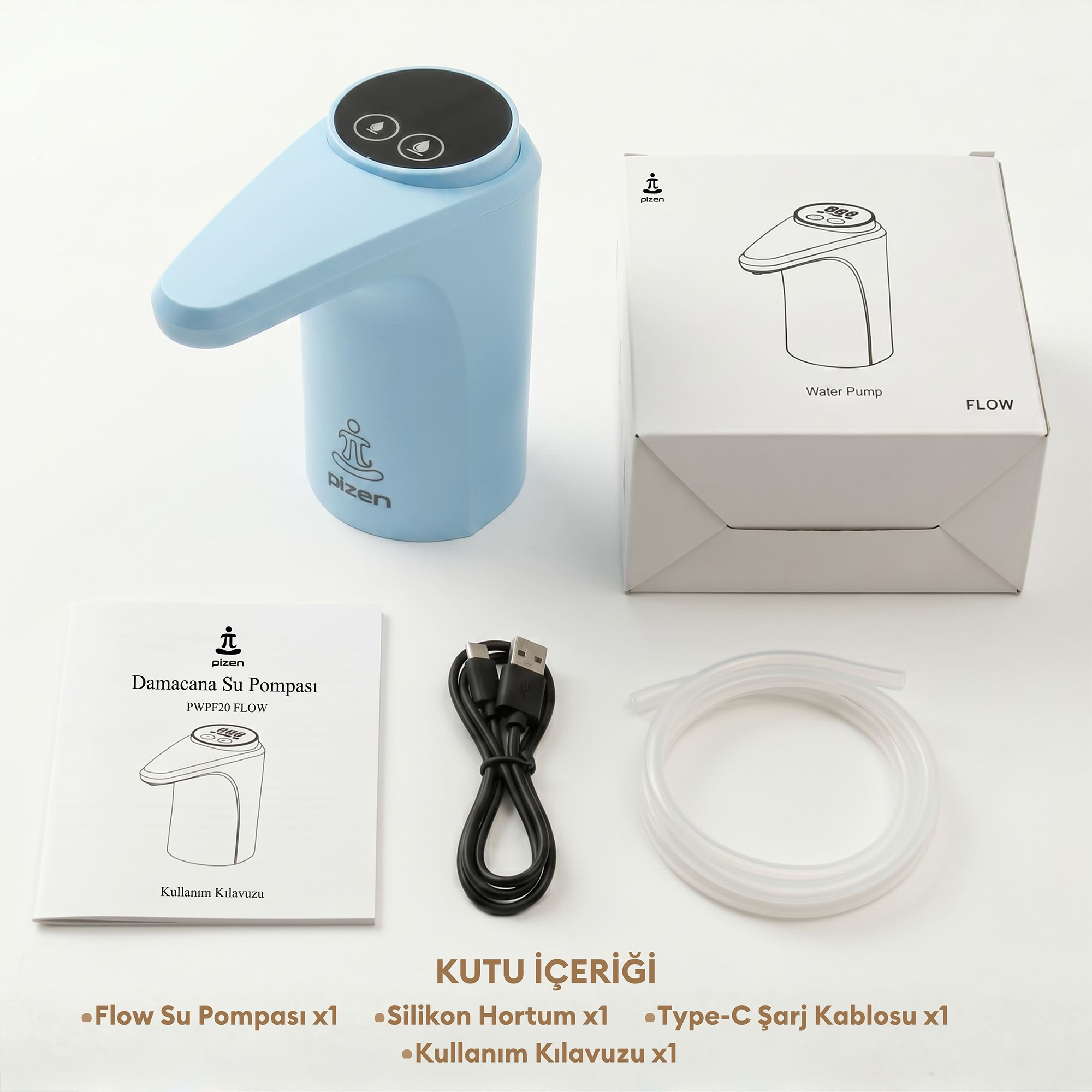 Beyaz masa üzerinde kutusu, kılavuzu, USB kablosu ve silikon hortumu olan mavi su pompası.