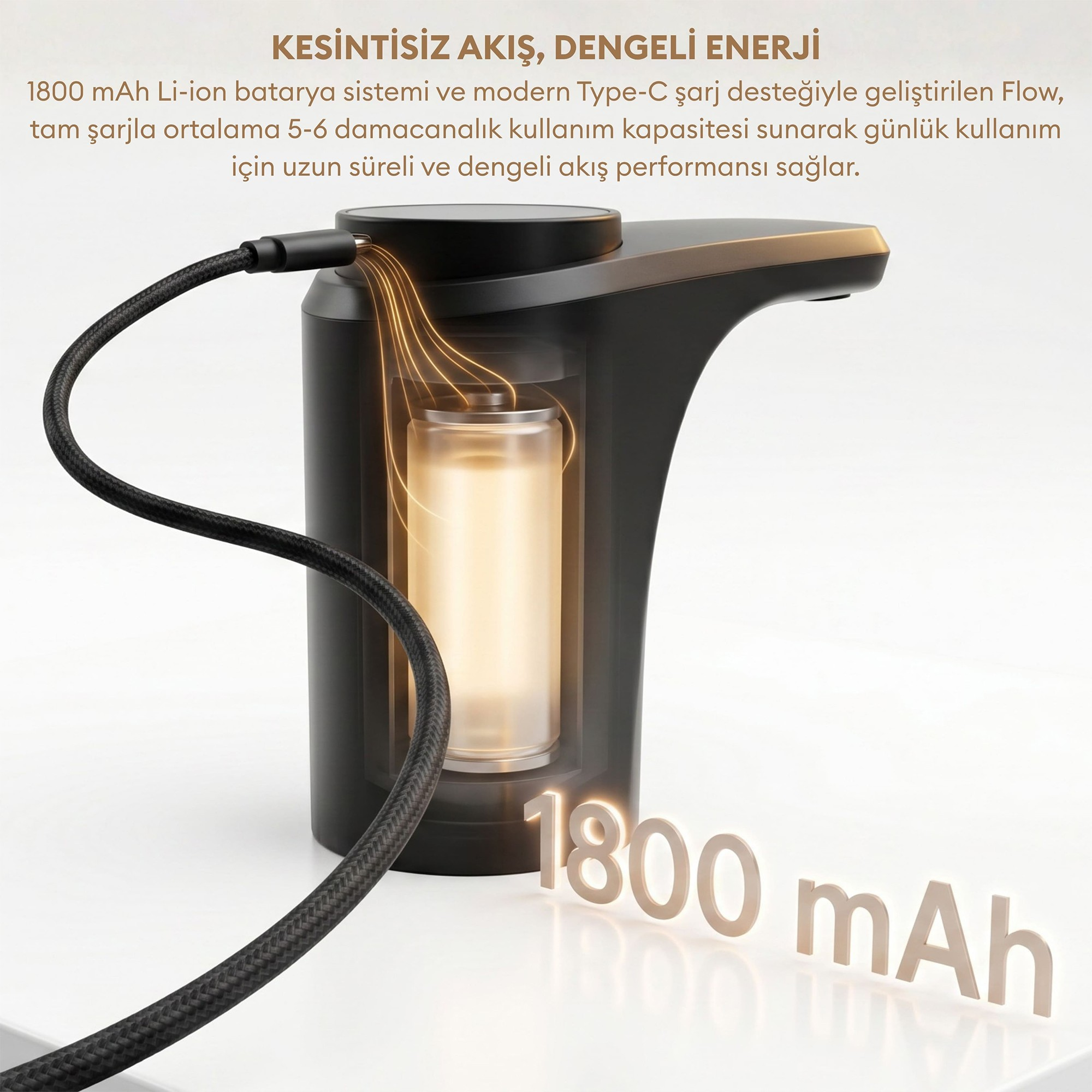 Şarj kablosuna bağlı, içindeki 1800 mAh pili gösteren siyah su pompası ve üzerinde Türkçe tanıtım yazısı.