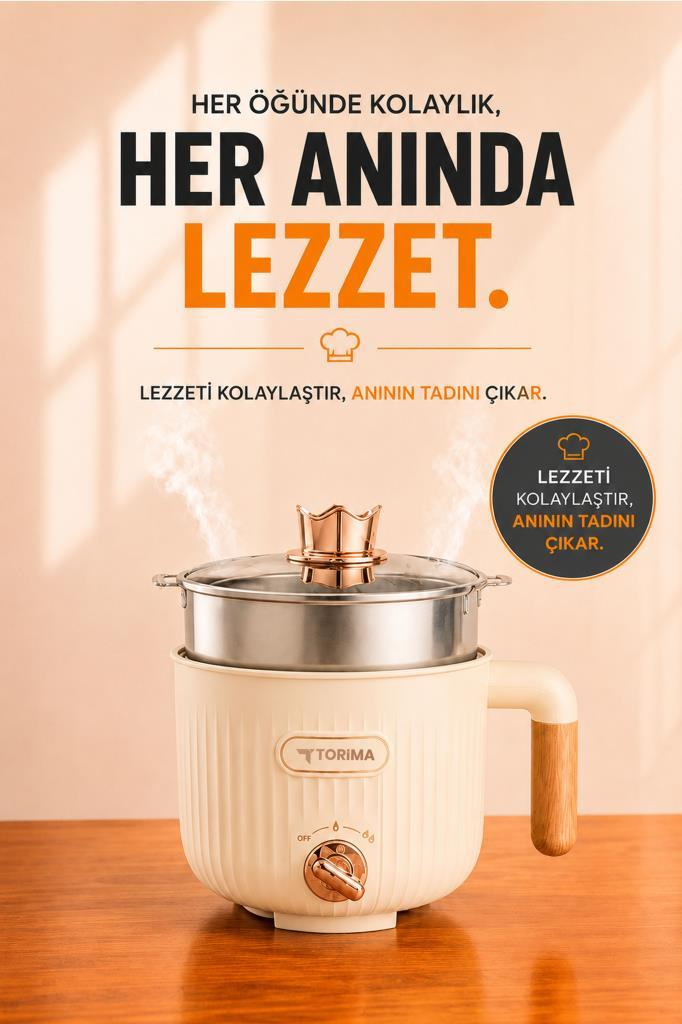 Ahşap yüzey üzerinde, altın detaylı ve buharlı kapaklı bej renkli Torima elektrikli pişirici ve üzerinde Türkçe reklam yazıları.