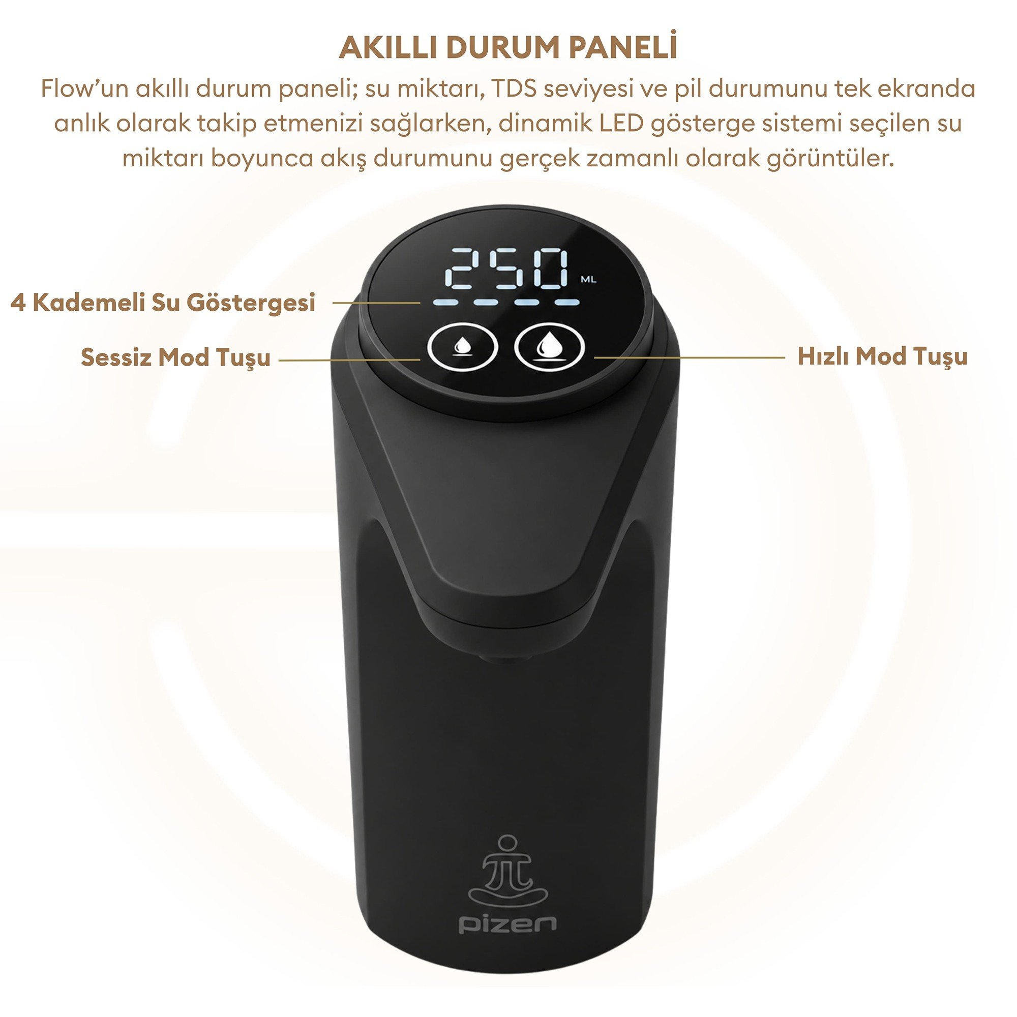 Dijital ekranlı, dokunmatik tuşlu ve Türkçe açıklamalı özellik etiketlerine sahip siyah su sebil.