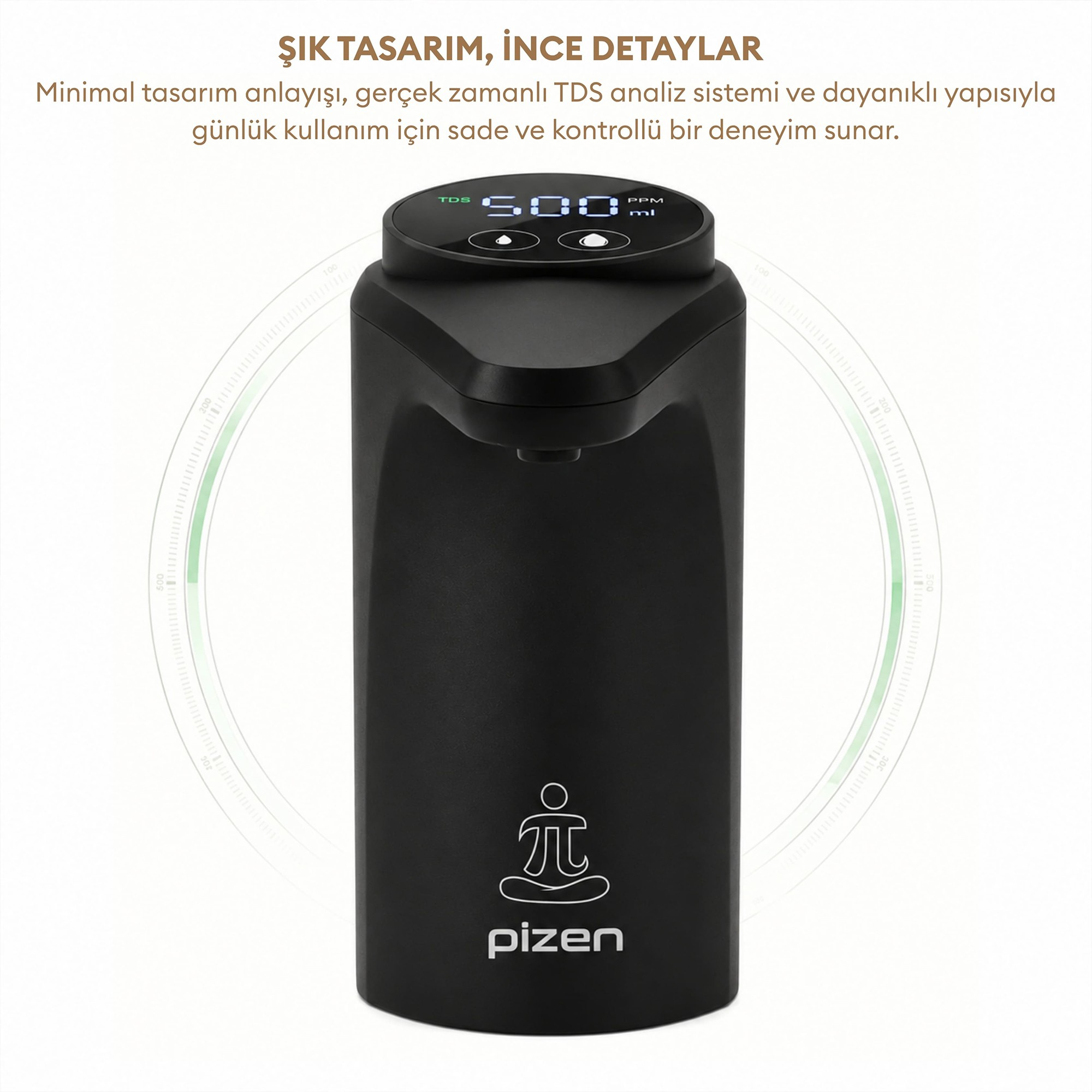 Dijital ekranlı ve Pizen logolu siyah elektronik sabunluk.