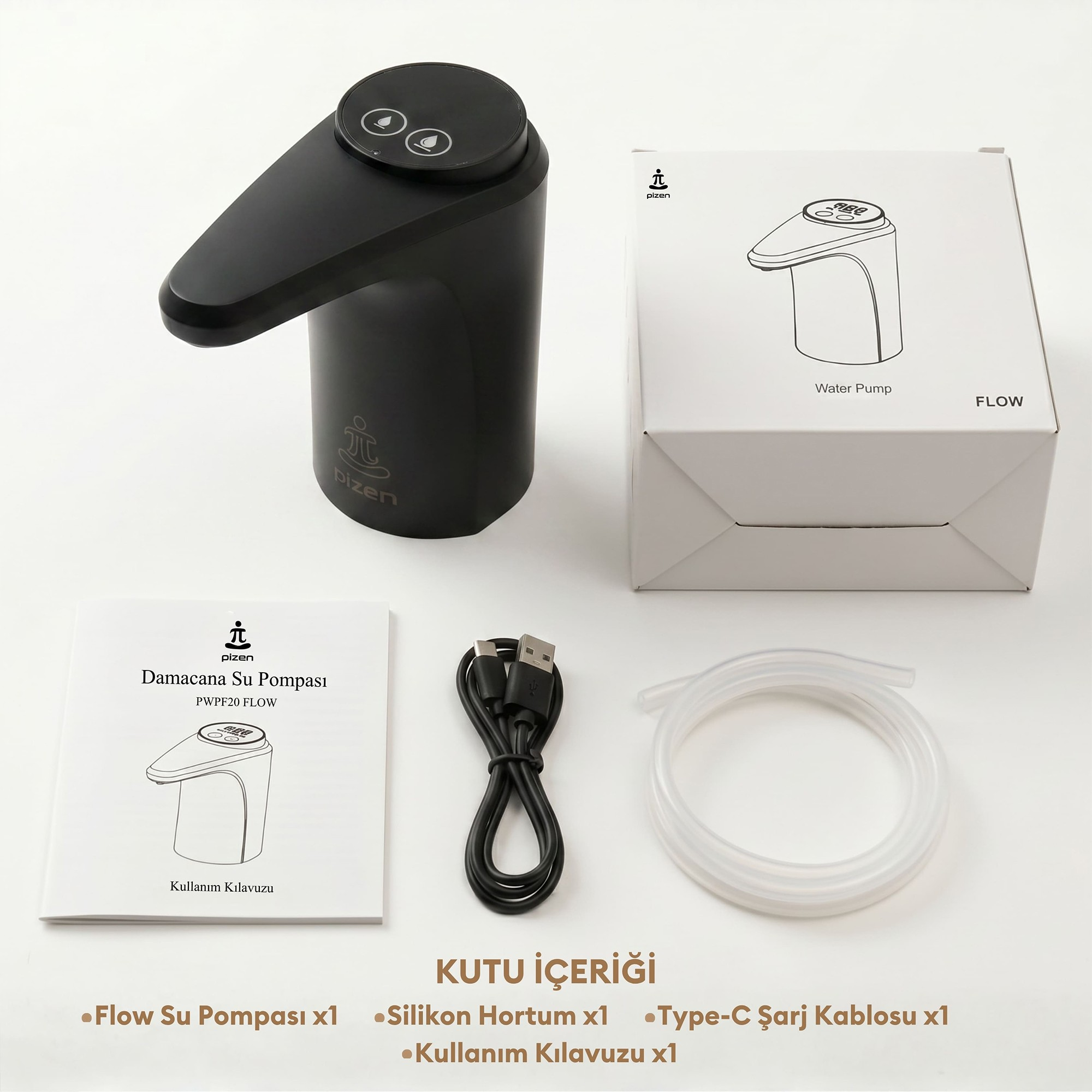 Beyaz zemin üzerinde siyah su pompası, kutusu, kullanım kılavuzu, USB kablosu ve silikon hortum.