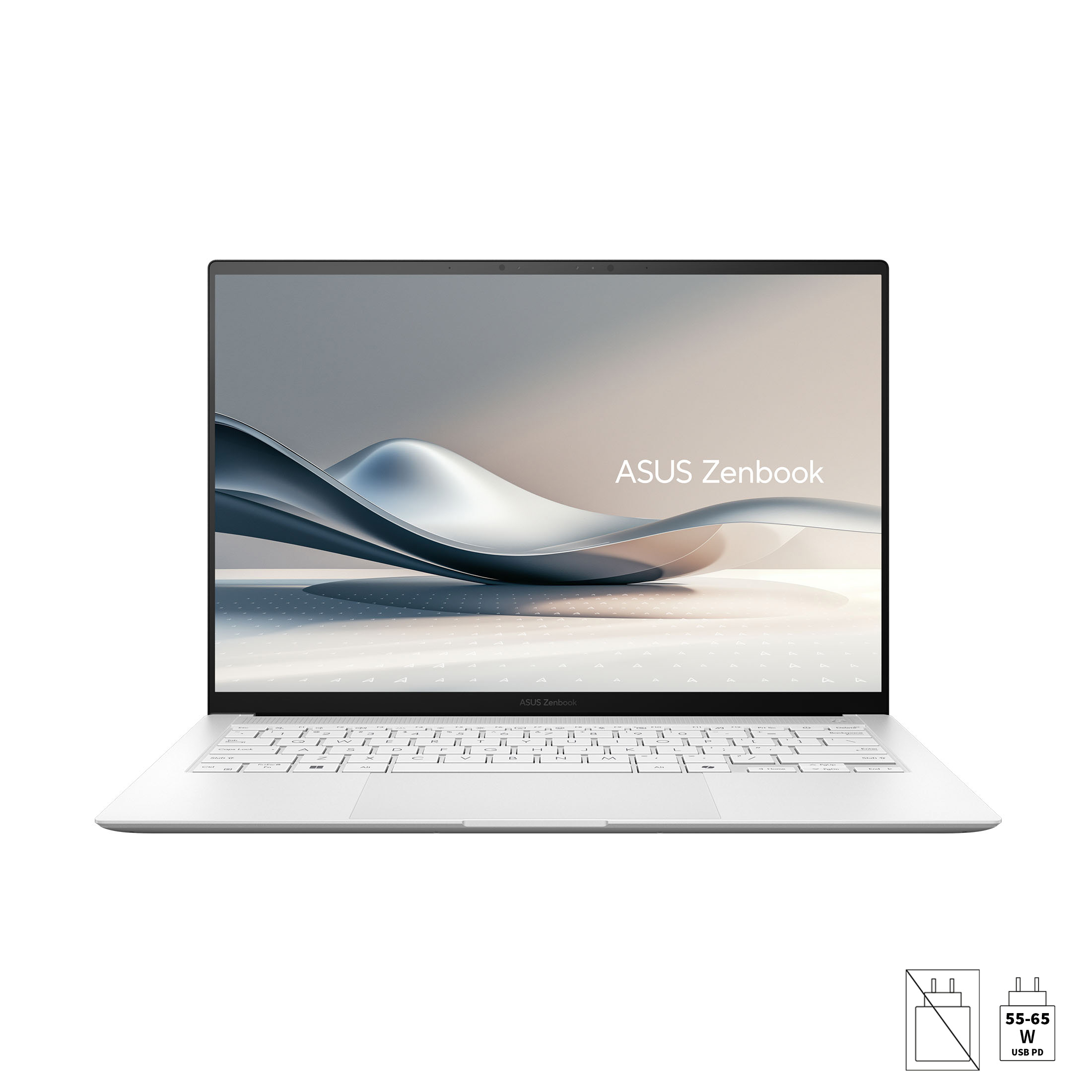 Ein aufgeklappter ASUS Zenbook Laptop von vorne mit Bildschirm, Tastatur und weißem Gehäuse.