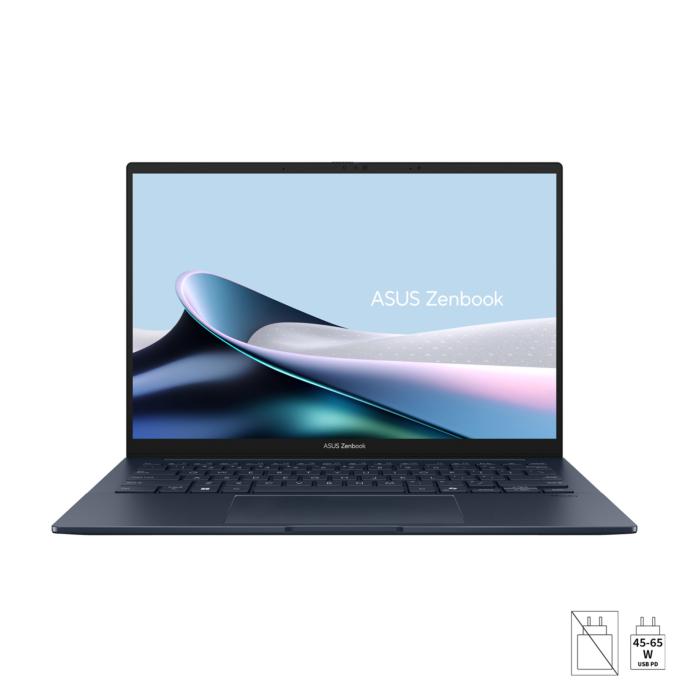 Ein aufgeklappter ASUS Zenbook Laptop vor weißem Hintergrund mit einem blauen abstrakten Hintergrundbild.