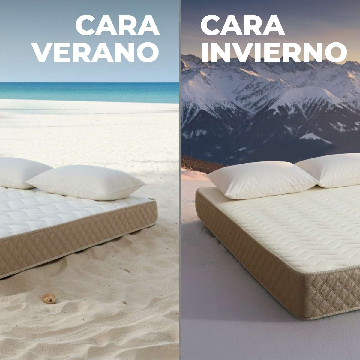 Comparación de una cara de verano en la playa y una cara de invierno en la nieve para un colchón.