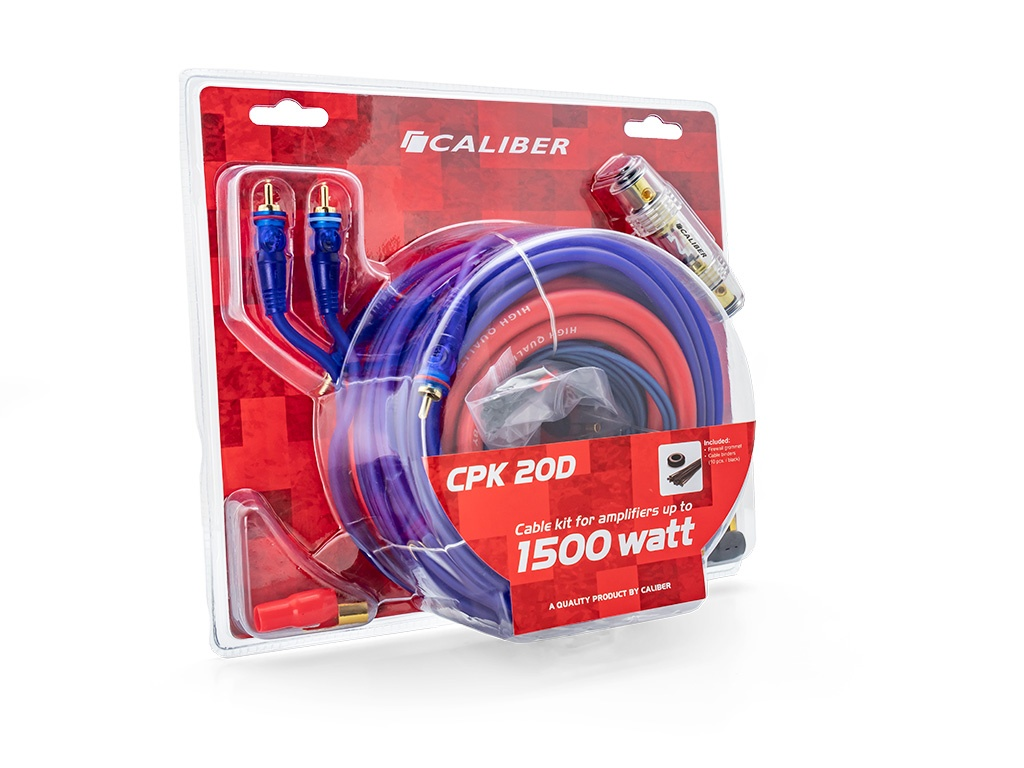 Verpacktes Caliber CPK 20D Verstärker-Kabelkit mit roten und blauen Kabeln auf weißem Hintergrund.