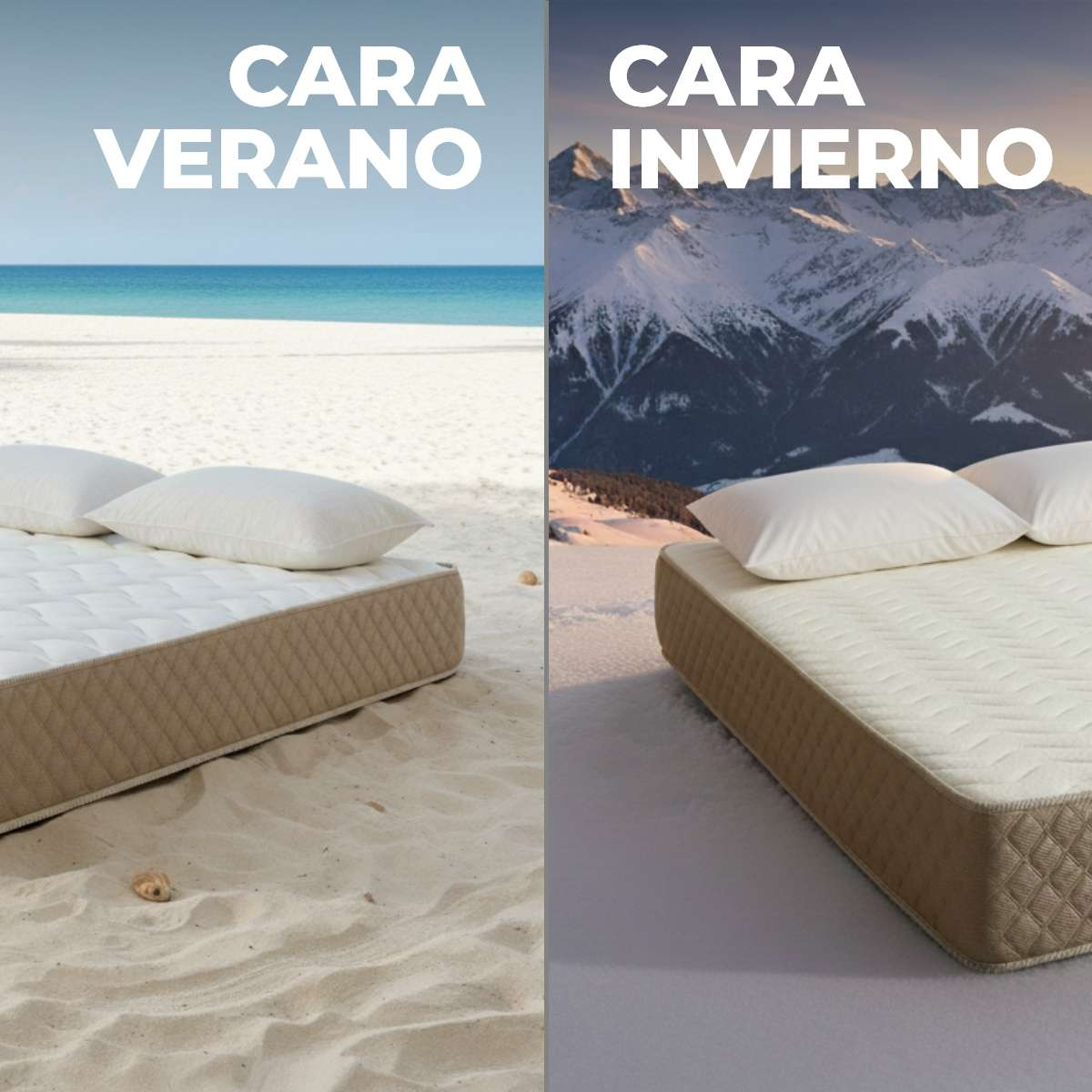 Comparación de dos caras de colchón: verano en la playa e invierno en las montañas nevadas.
