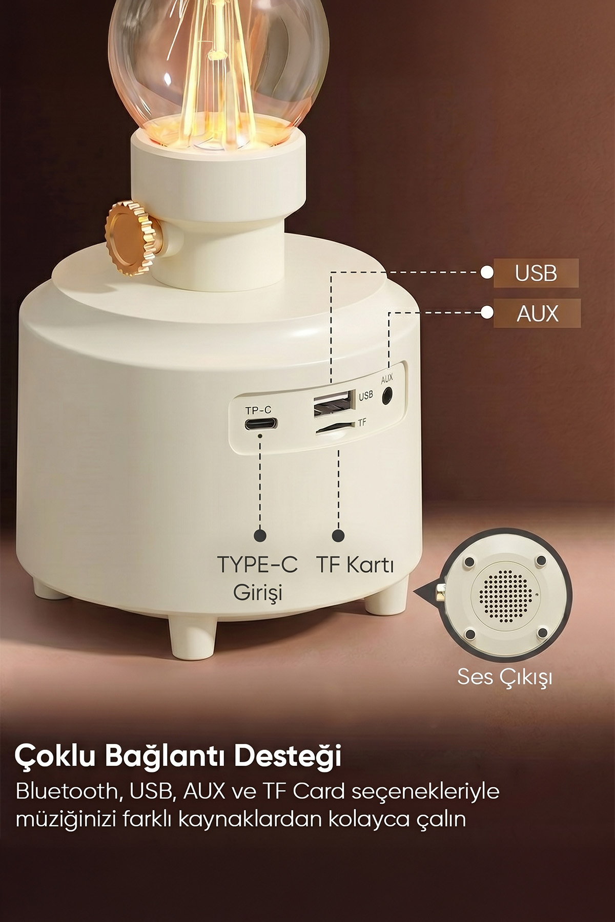 Bluetooth hoparlörlü, USB, AUX ve TF kart girişli bej renkli masa lambası.