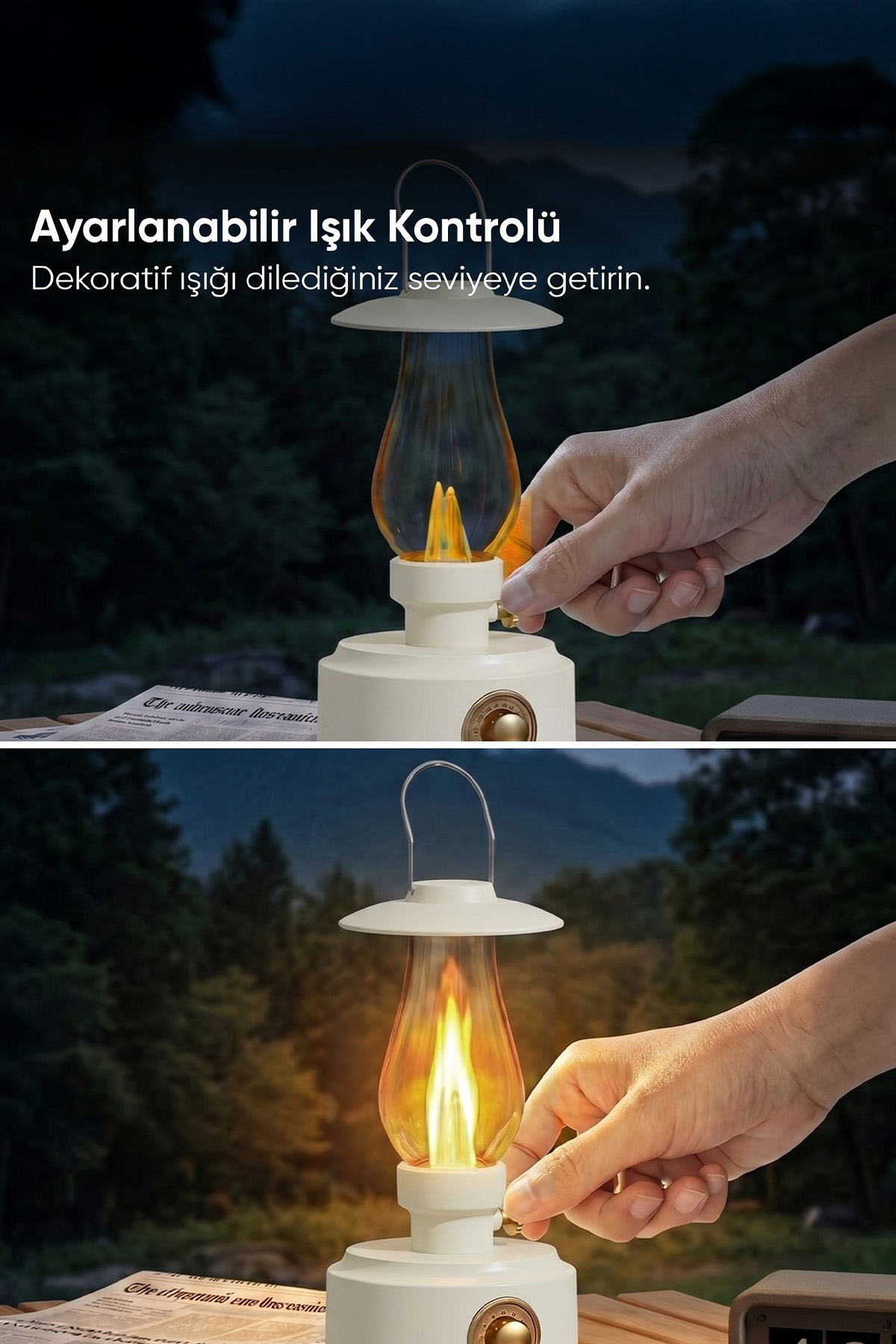 Bir el, kısık ve parlak alevli beyaz kamp lambasının kontrol düğmesini ayarlıyor.