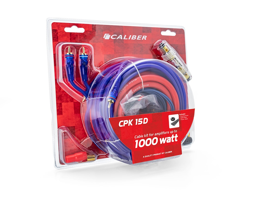 Caliber CPK 15D Verstärker-Kabelsatz bis 1000 Watt mit violetten und roten Kabeln in Originalverpackung.