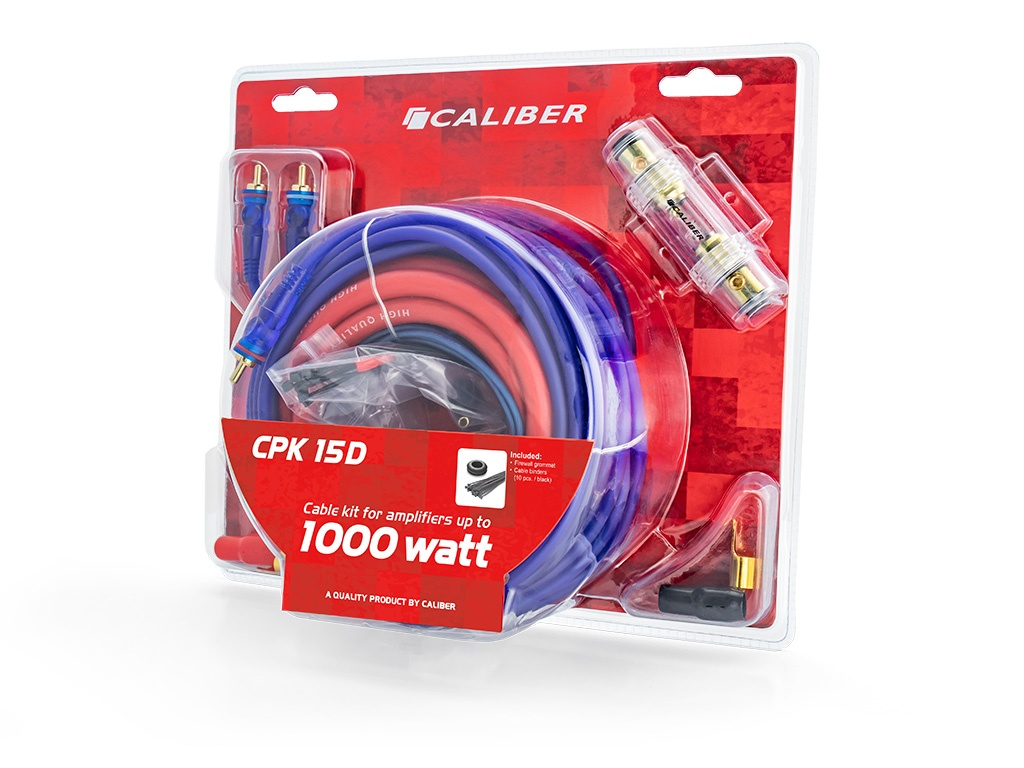 Caliber CPK 15D 1000W Verstärker-Kabelsatz in Blisterverpackung mit blauen und roten Kabeln, Sicherung und Steckern.